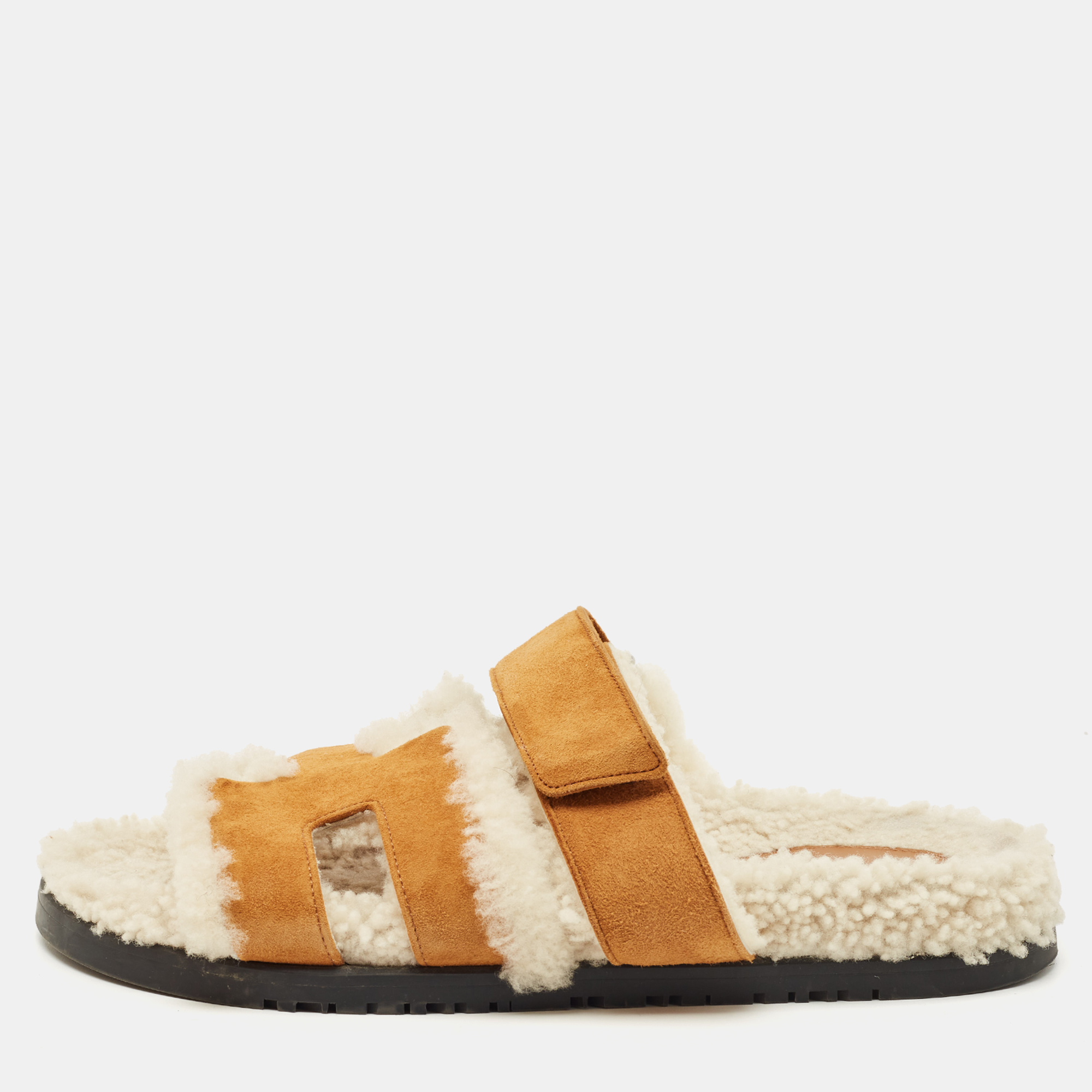 Pre-owned Hermes Hermès Brown Suede And Shearling Fur Lined Chypre Sandals Size 37