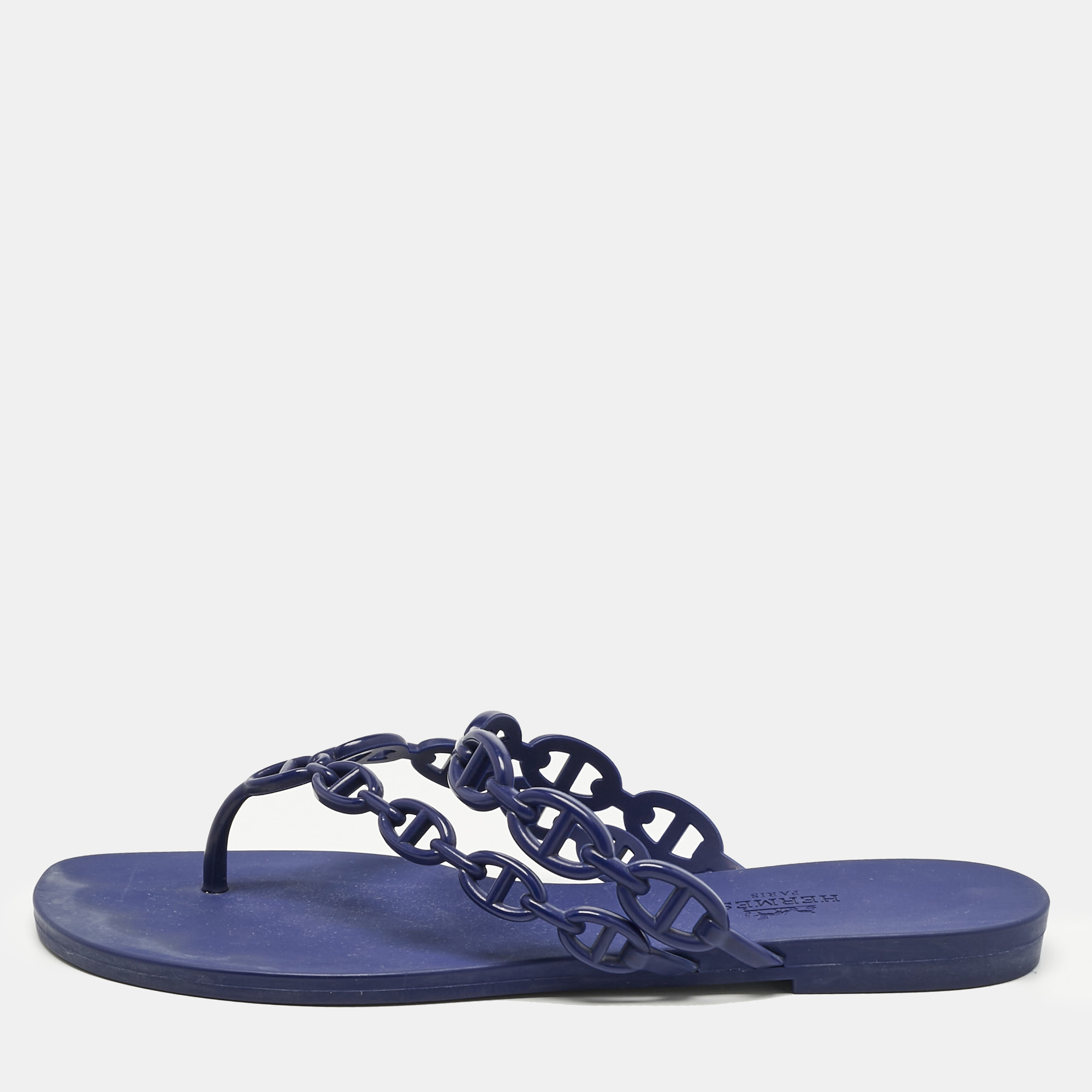 

Hermes Navy Blue Rubber Island Flat Slides Size