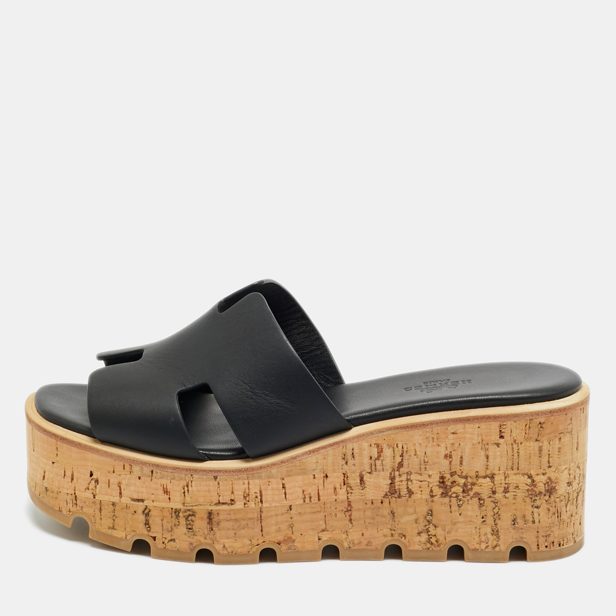 

Hermes Black Leather Eze Platform Cork Wedge Sandals Size
