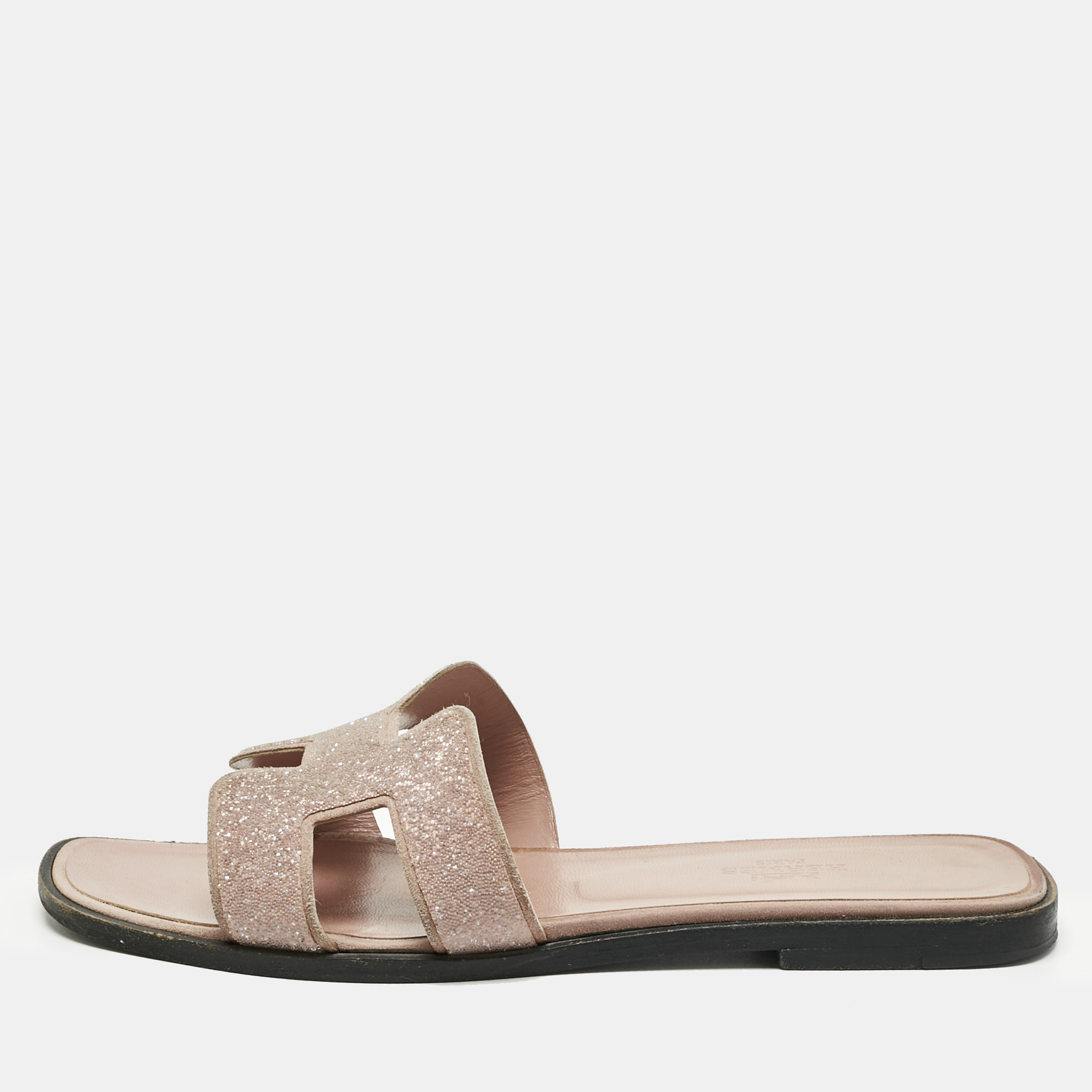 

Hermes Pink Crystal Suede Oran Flat Slides Size