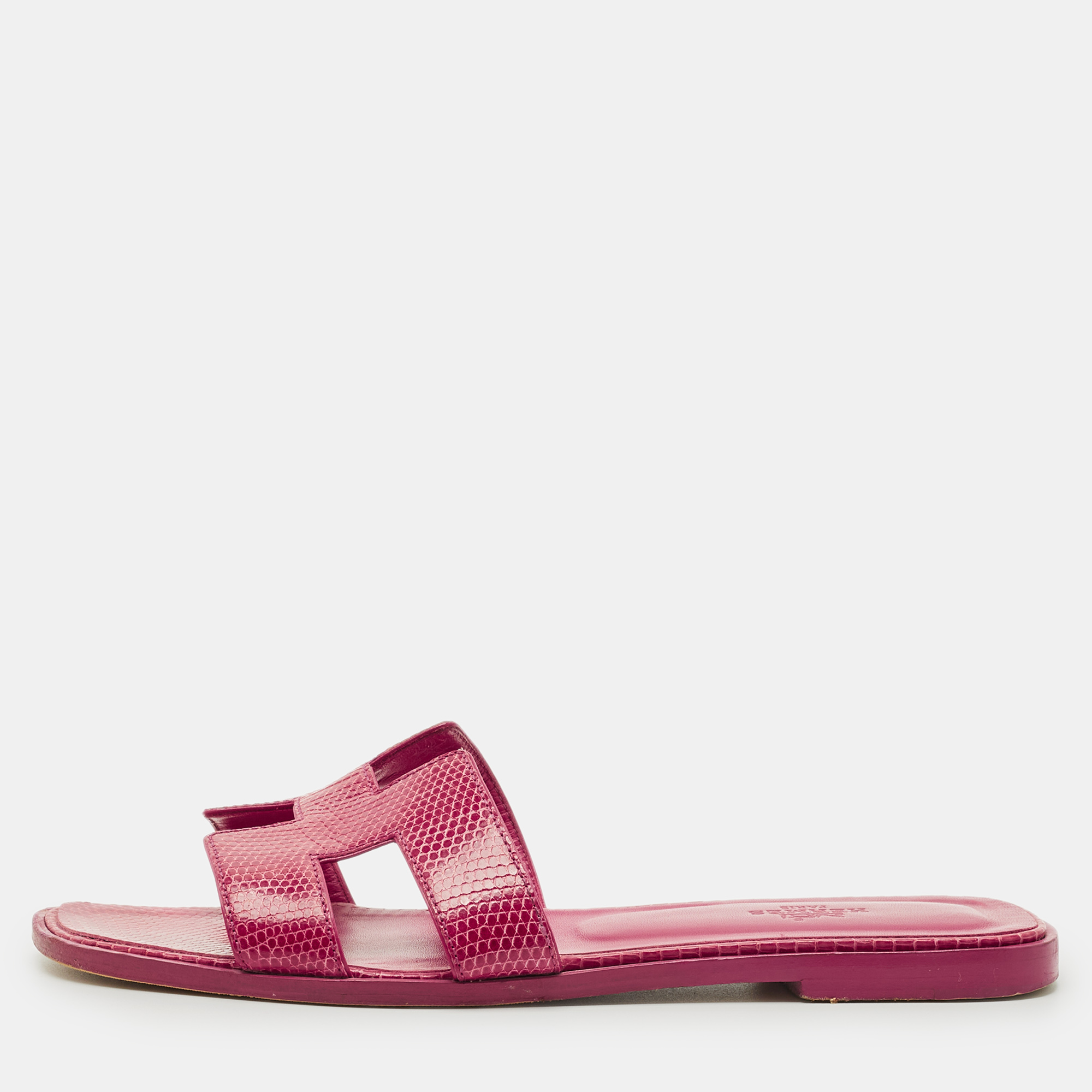 

Hermes Pink Lizard Leather Oran Flat Sandals Size 37.5, Red