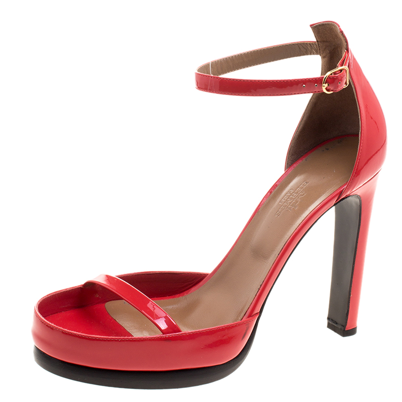 Hermes Red Patent Leather Ankle Strap Platform Sandals Size 40