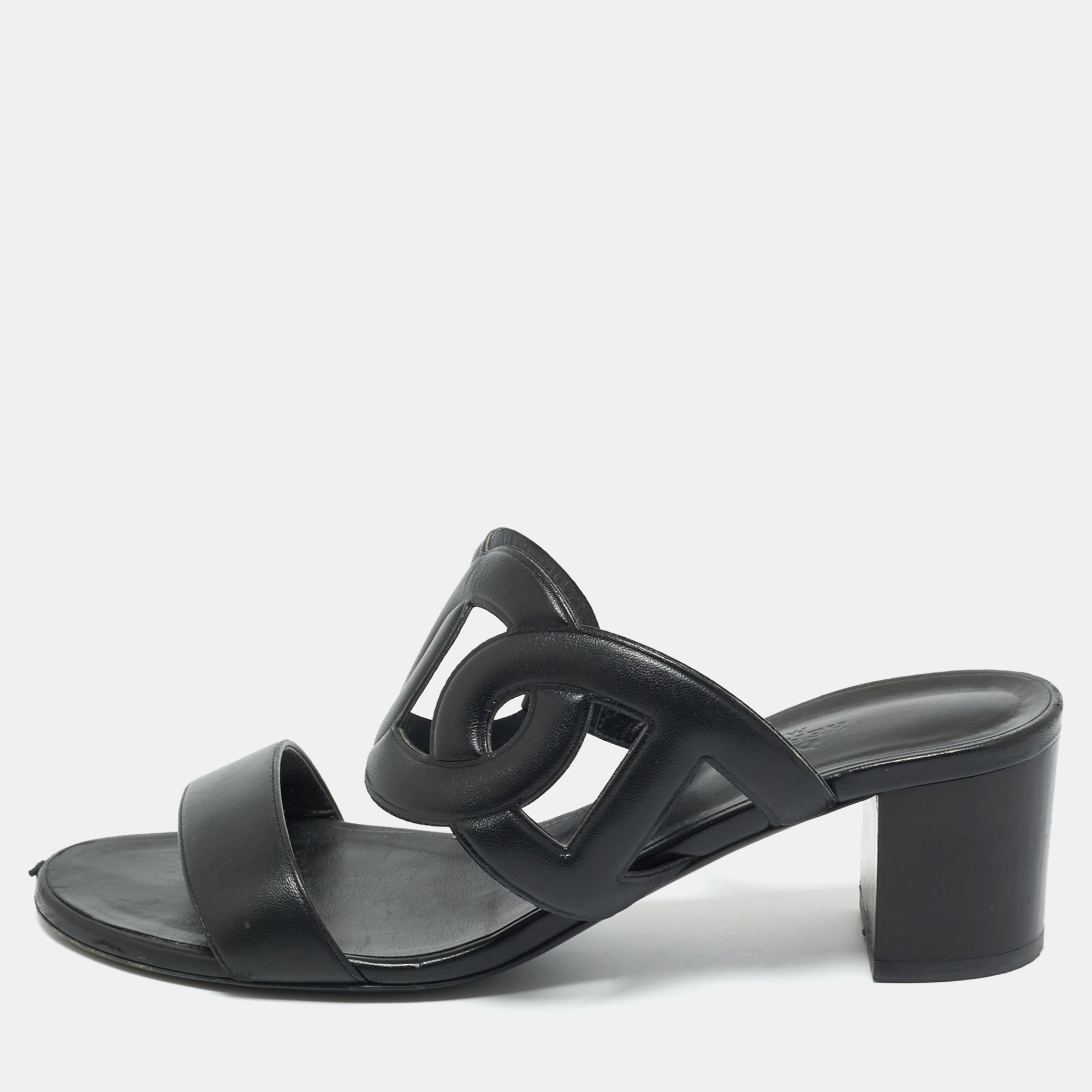 Pre-owned Hermes Black Leather Bikini Slide Sandals Size 38