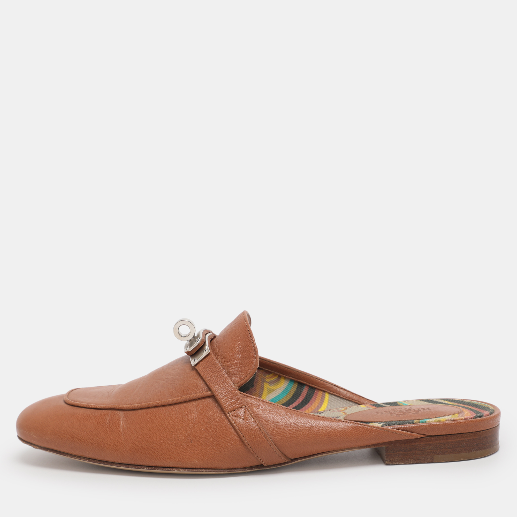 Hermes Brown Leather Palladium Plated Oz Mules  Size 38.5
