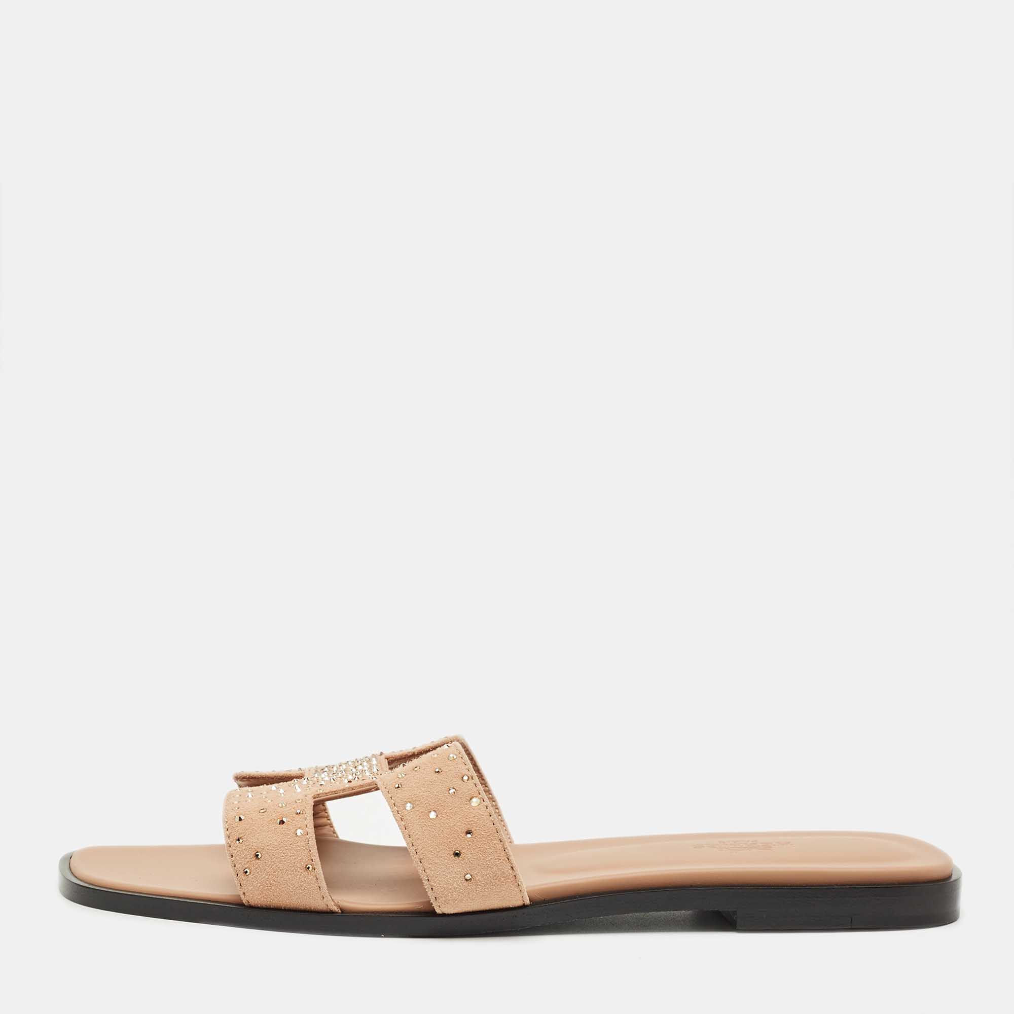 

Hermes Beige Suede Oran Crystals Flat Slides Size