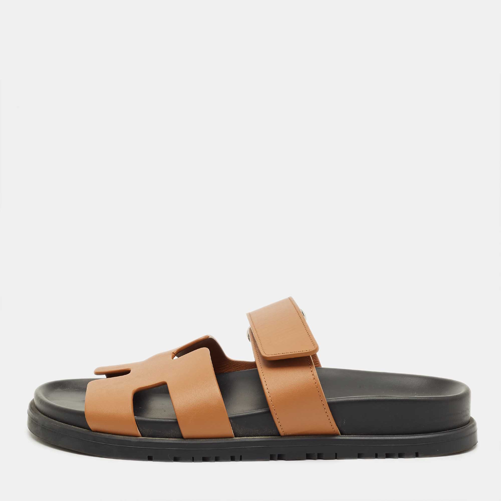 Pre-owned Hermes Hermès Brown Leather Chypre Flat Slides Size 36