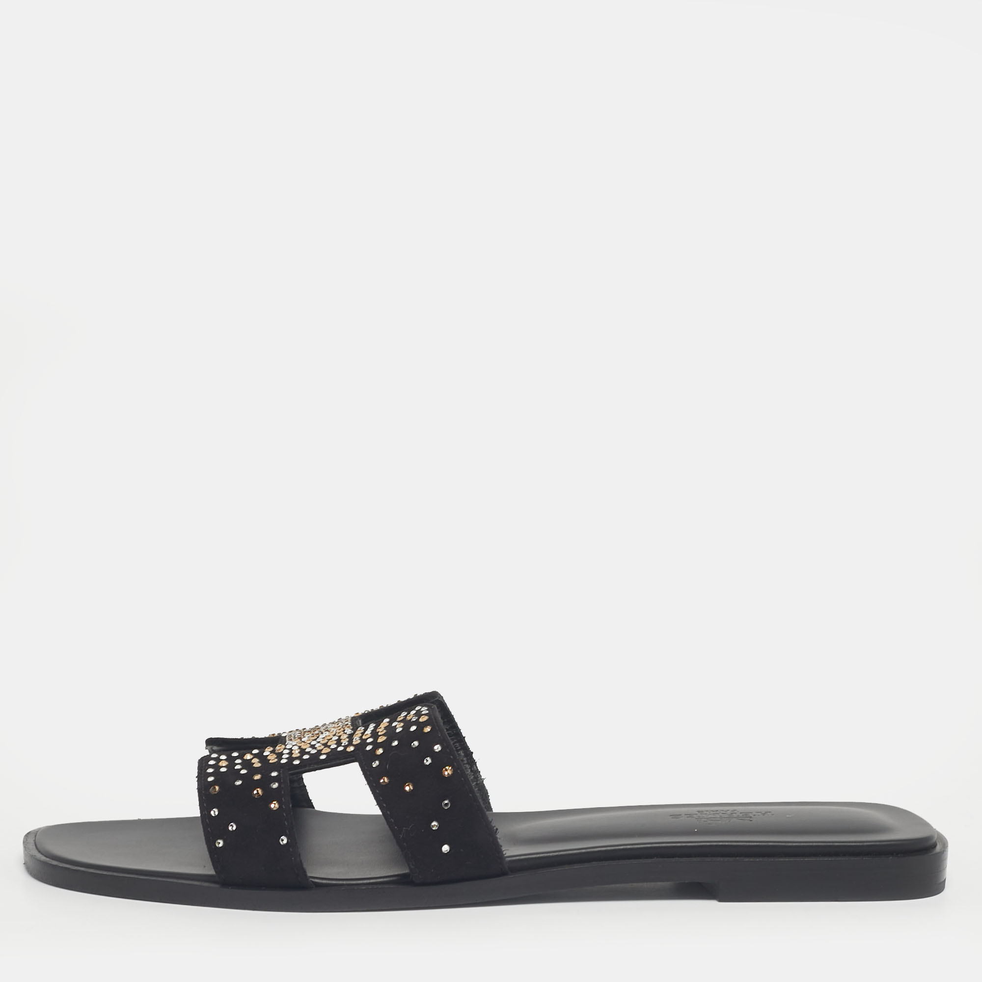 

Hermès Black Suede Crystal Embellished Oran Flat Slides Size