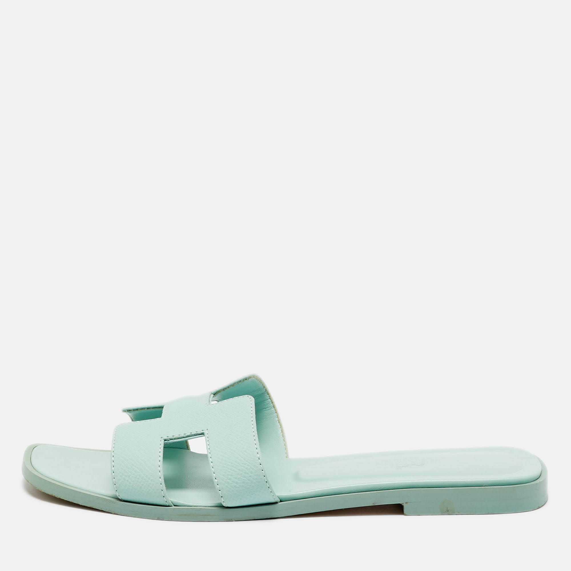 Pre-owned Hermes Hermès Blue Leather Oran Flat Slides Size 37.5