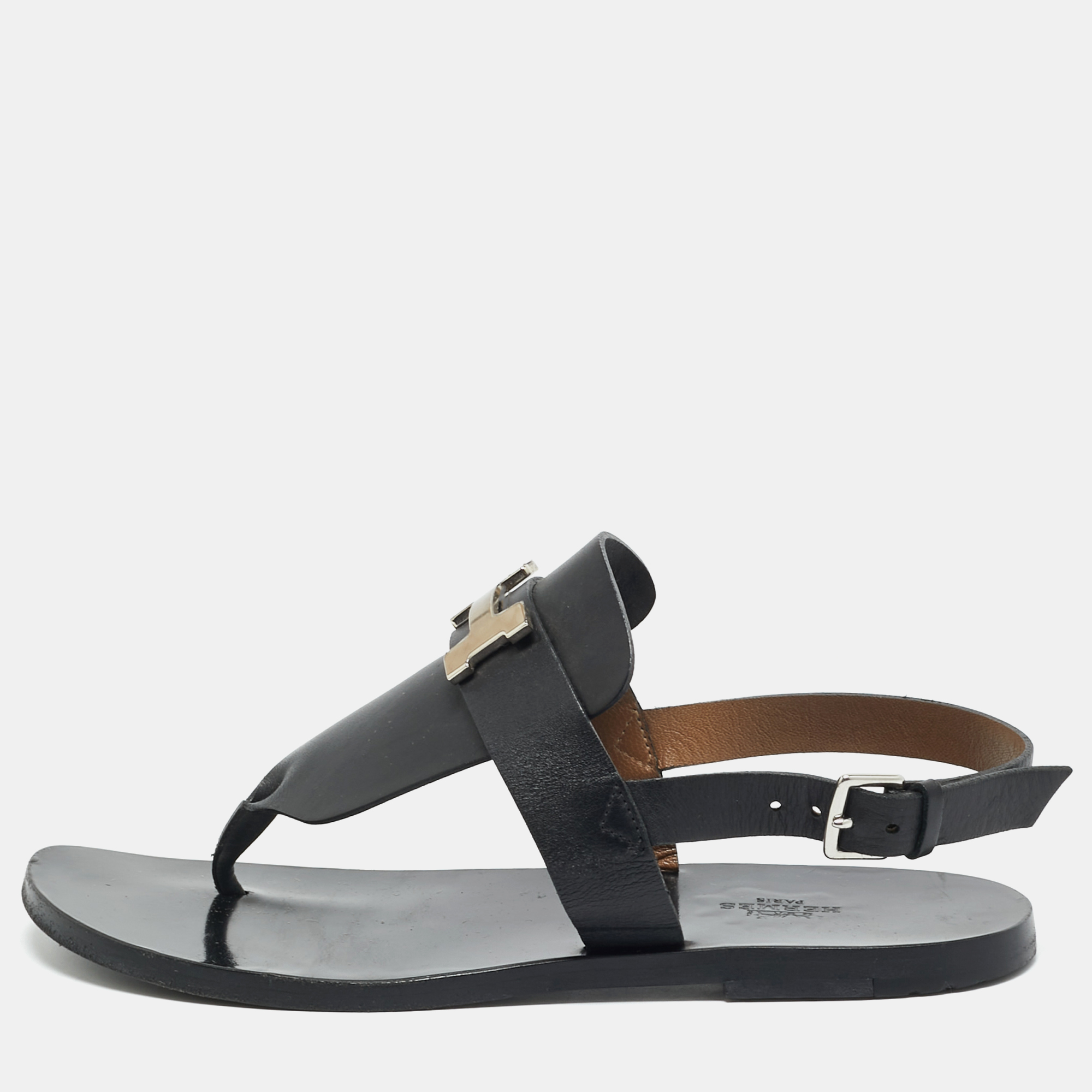 

Hermes Black Leather Galerie Slingback Sandals Size