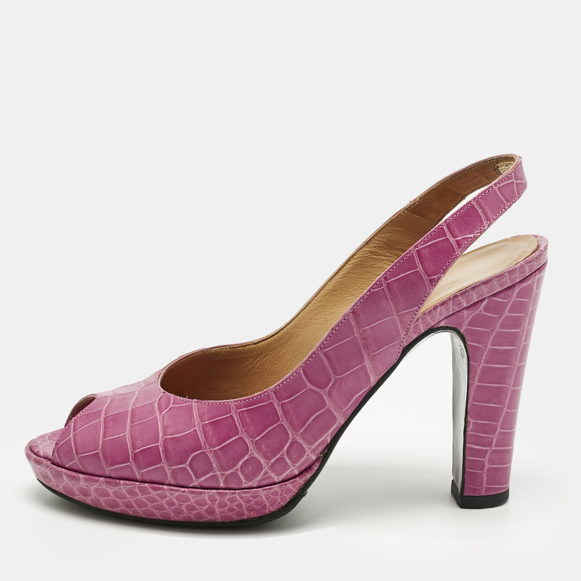 

Hermes Purple Crocodile Leather Peep Toe Slingback Pumps Size