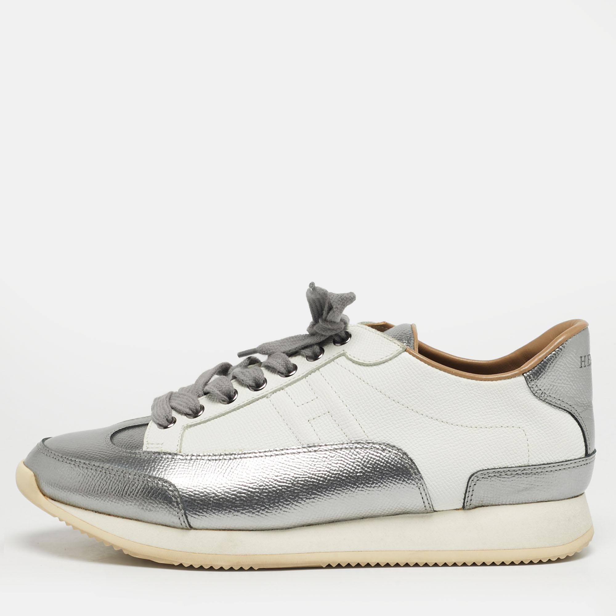 

Hermes Metallic Silver/White Leather H Sneakers Size
