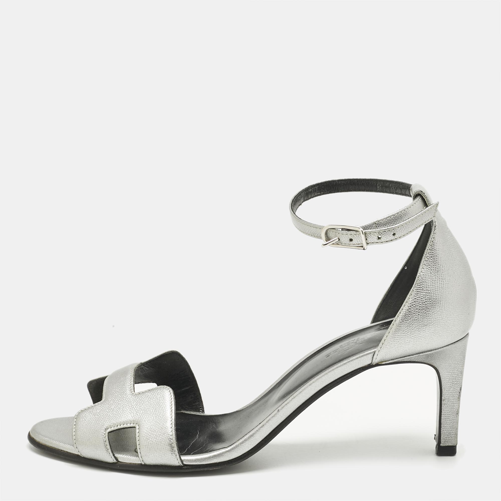 

Hermes Silver Leather Premiere Ankle Strap Sandals Size