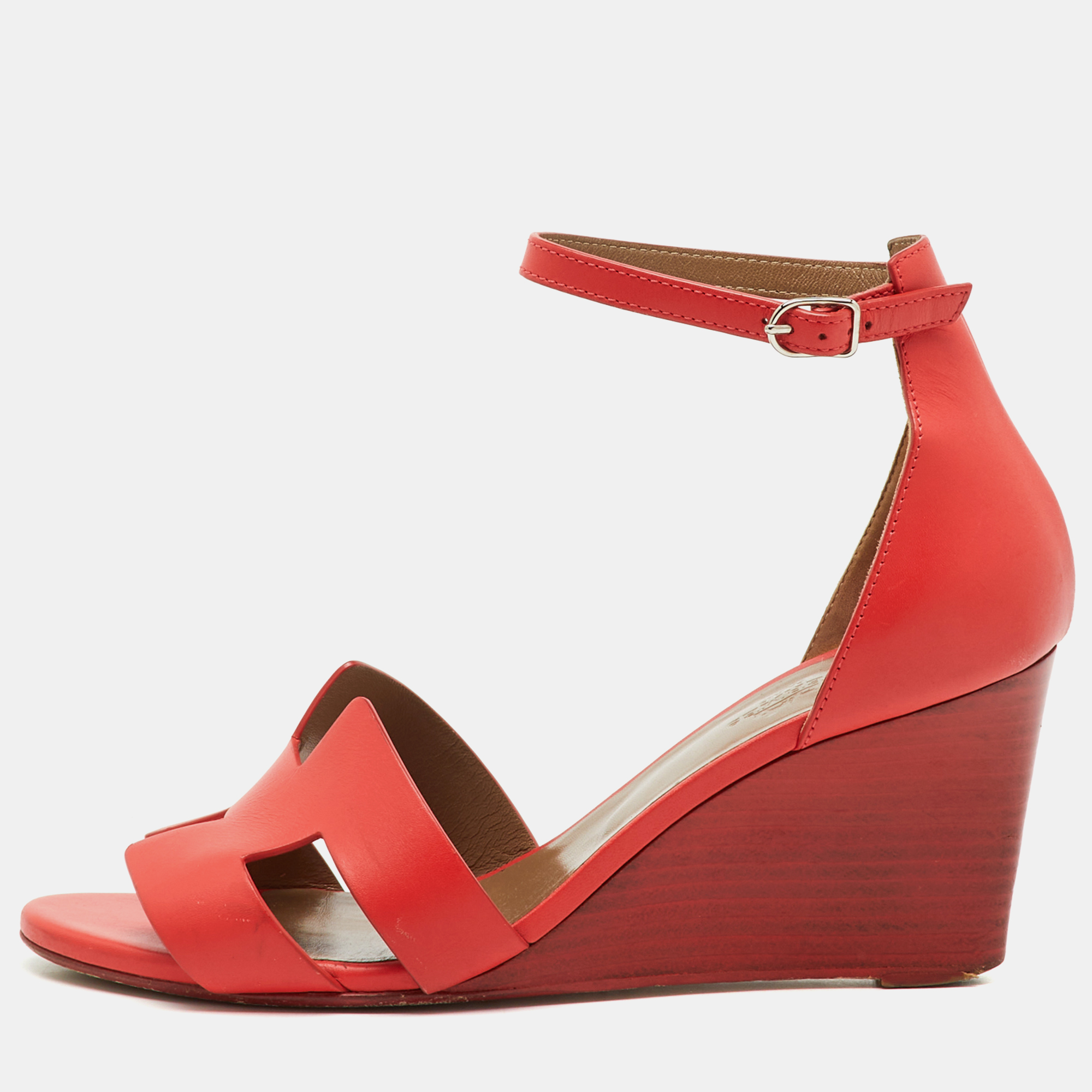 

Hermes Red Leather Legend Ankle Strap Wedge Sandals Size