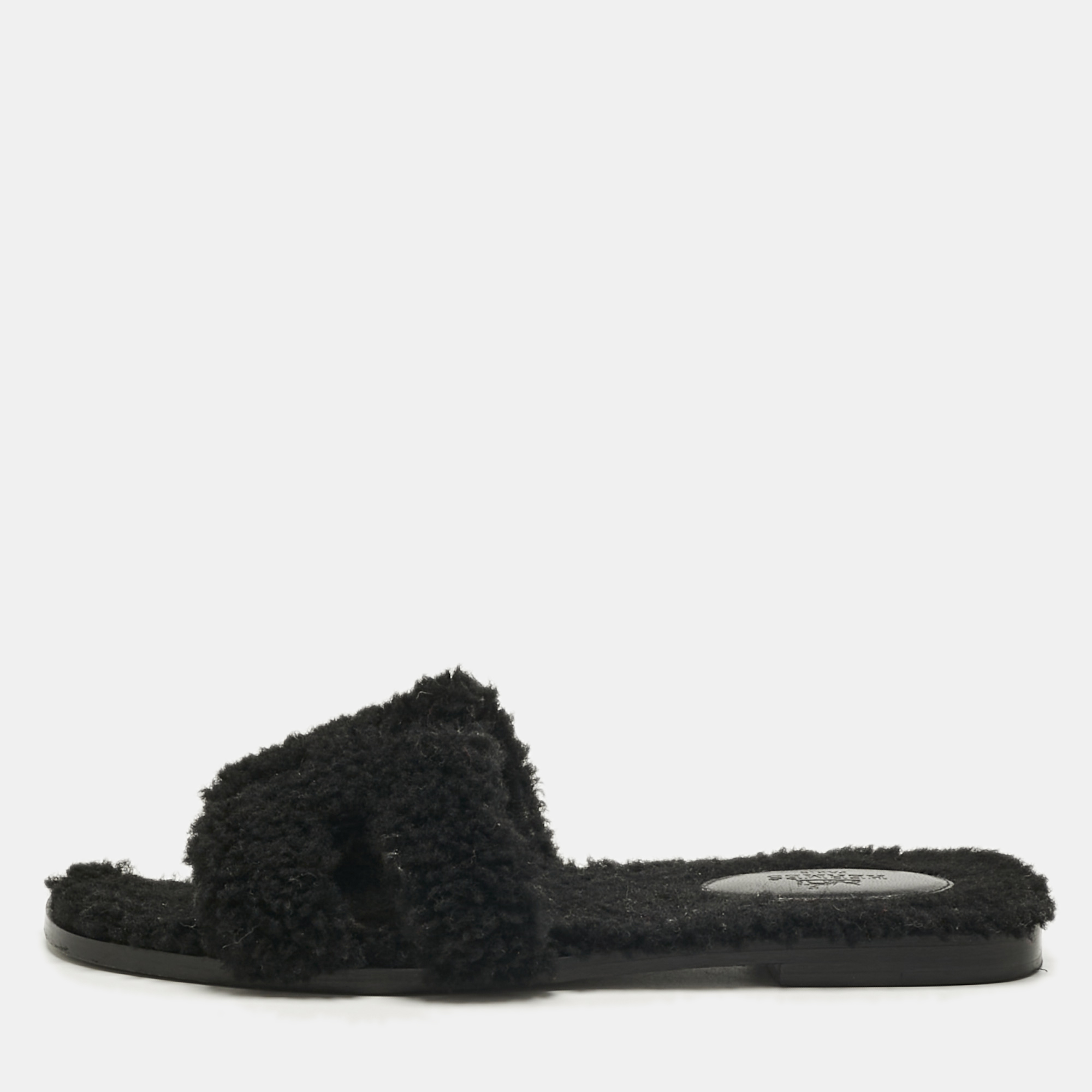 Pre-owned Hermes Hermès Black Shearling Fur Oran Flat Slides Size 38