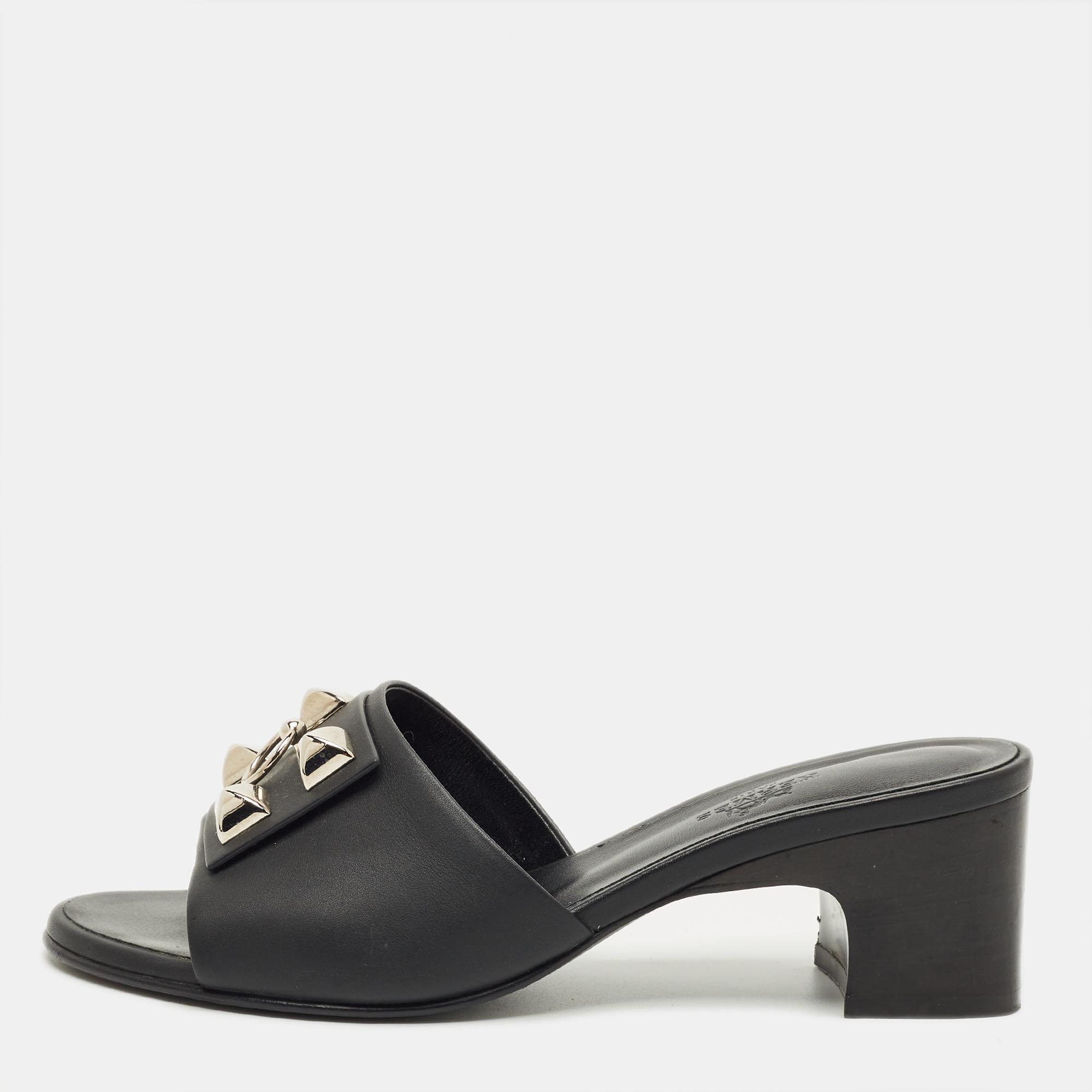 Pre-owned Hermes Black Leather Dreamy Slide Sandals Size 36