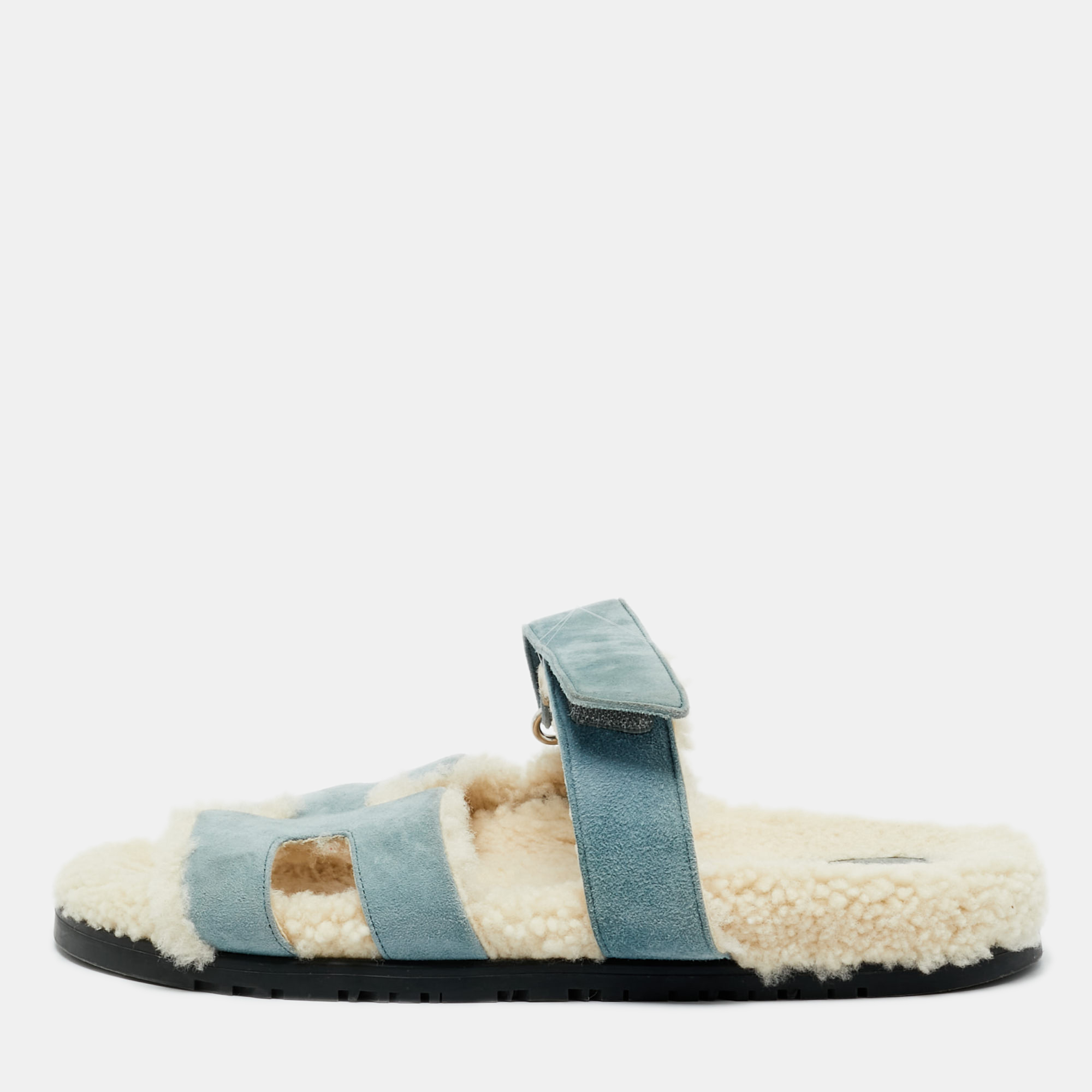 

Hermes Blue Shearling Fur and Suede Chypre Slide Sandals Size