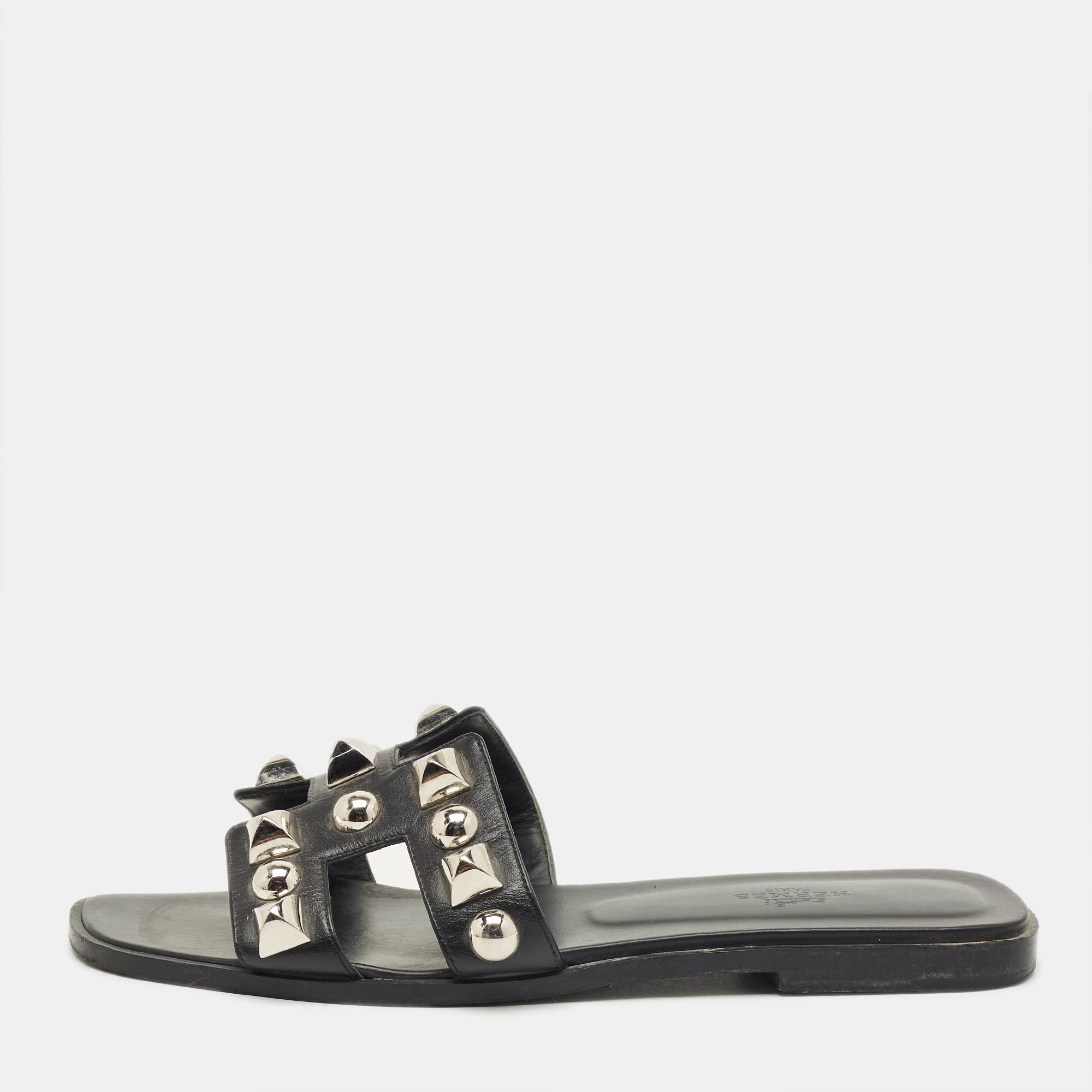 

Hermes Black Leather Crystal Embellished Oran Flat Slides Size