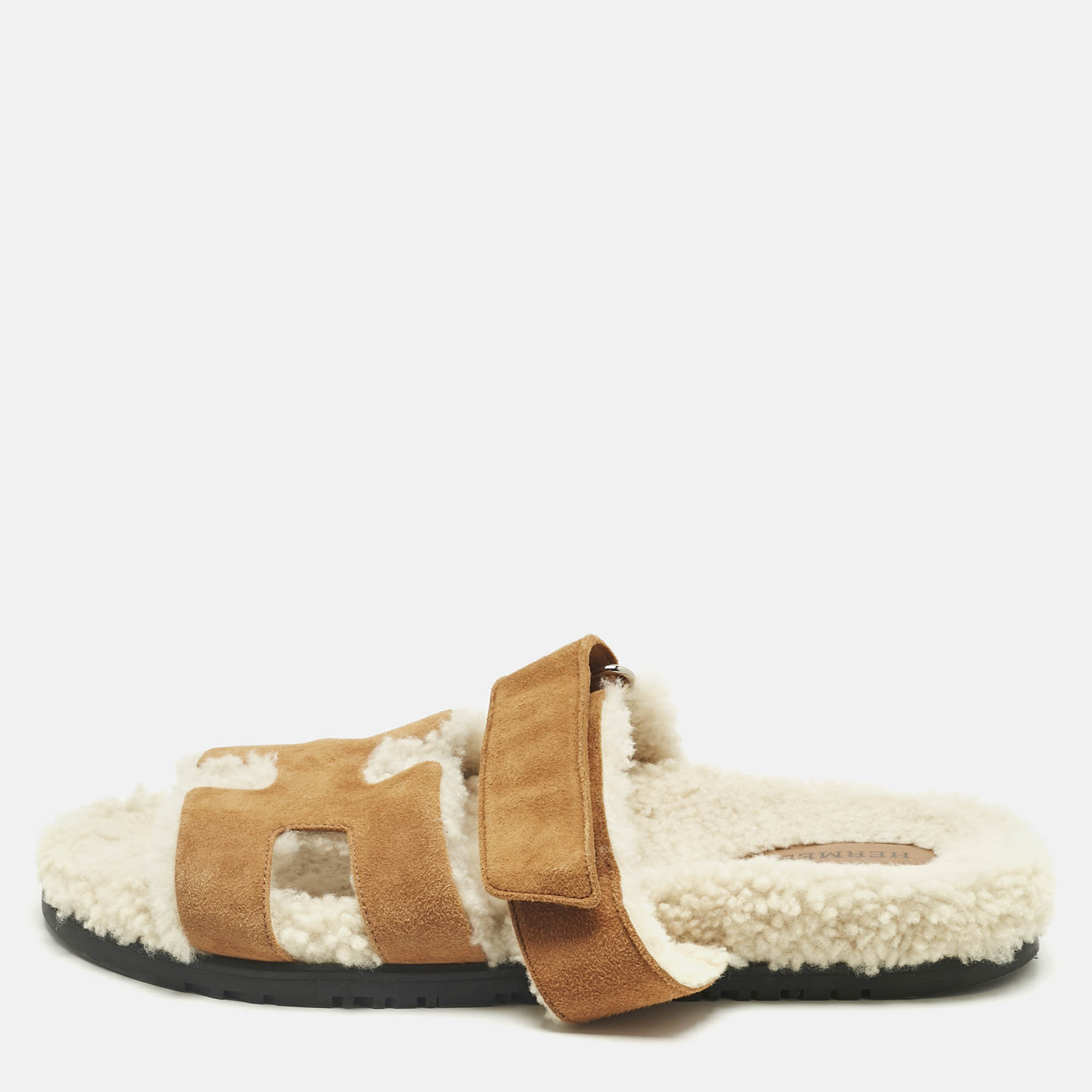 

Hermes Brown Suede Shearling Fur Chypre Sandals Size