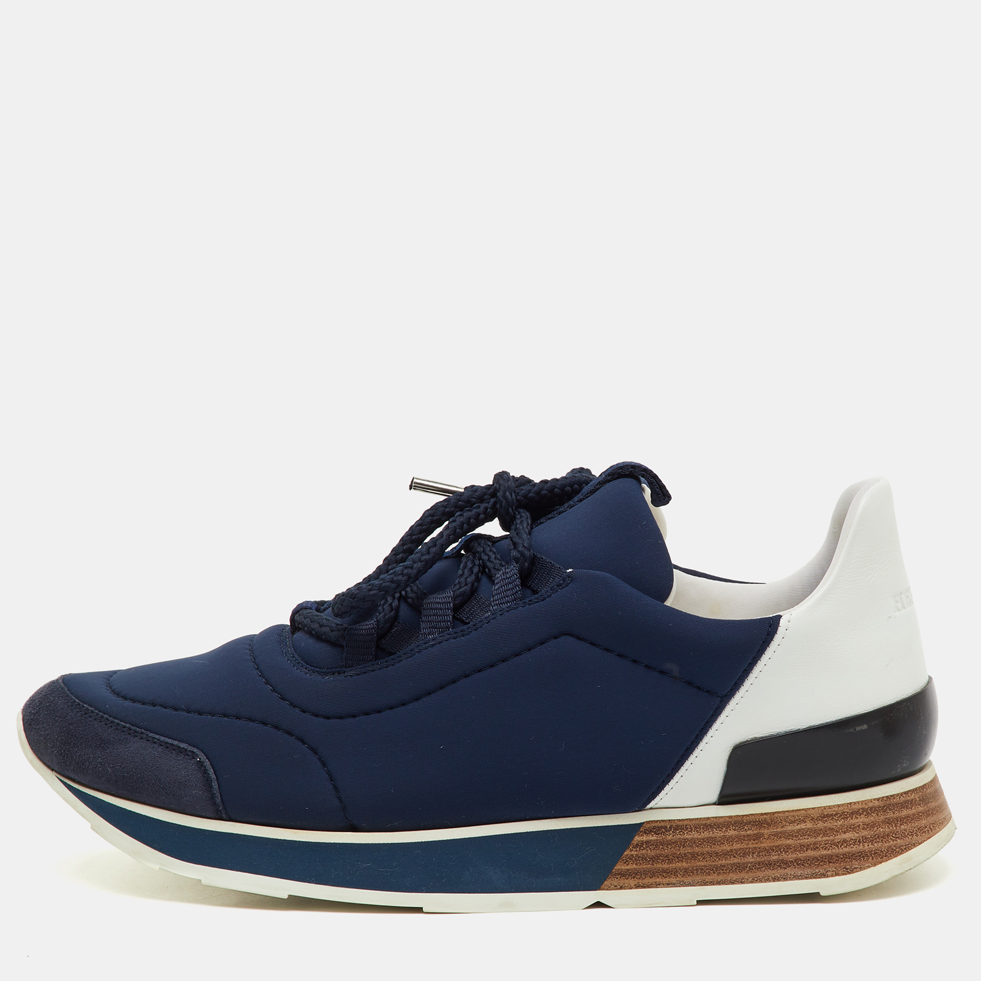 Pre-owned Hermes Navy Blue/white Neoprene And Leather Miles Lace Up Sneakers Size 39.5