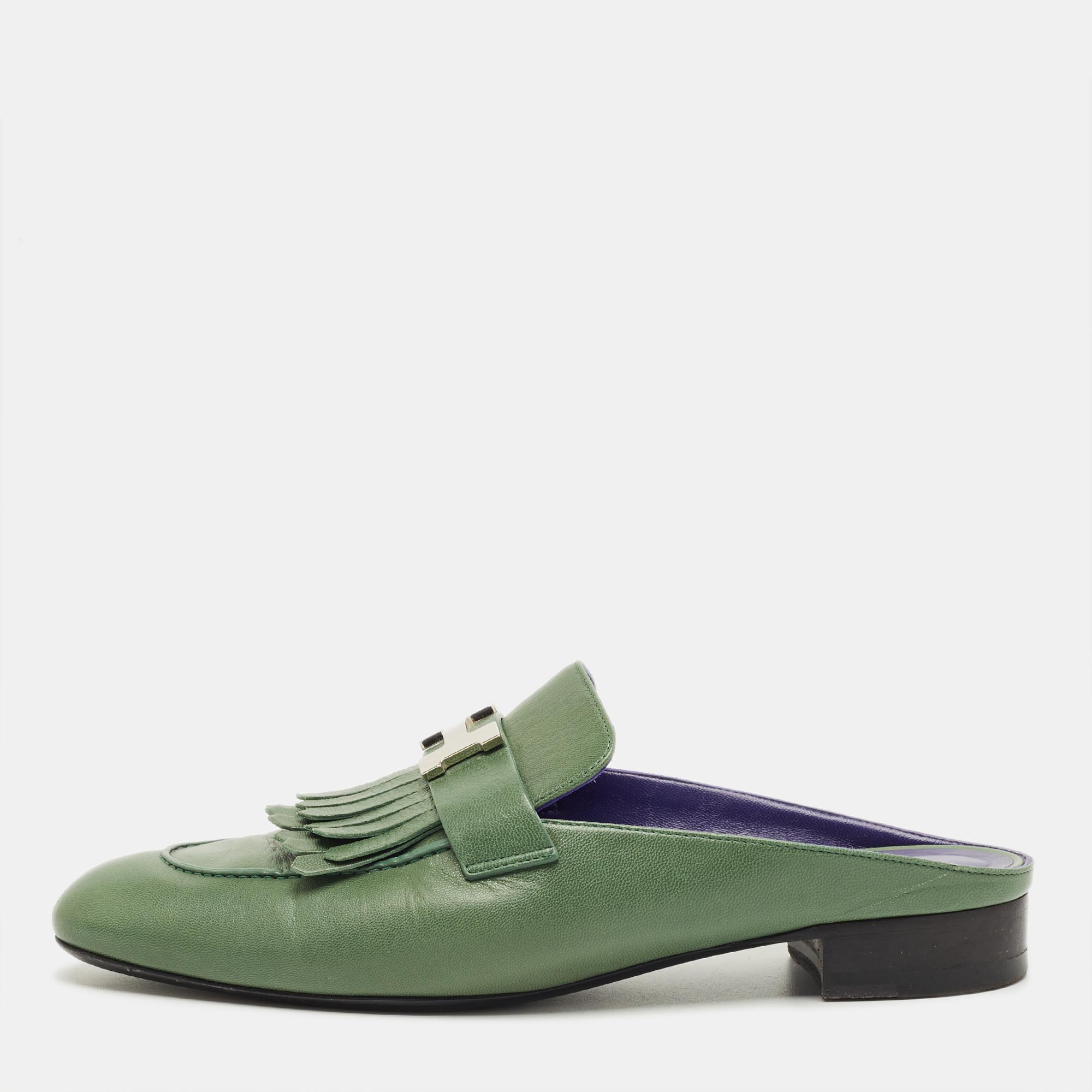 

Hermes Green Leather Rivoli Mules Size