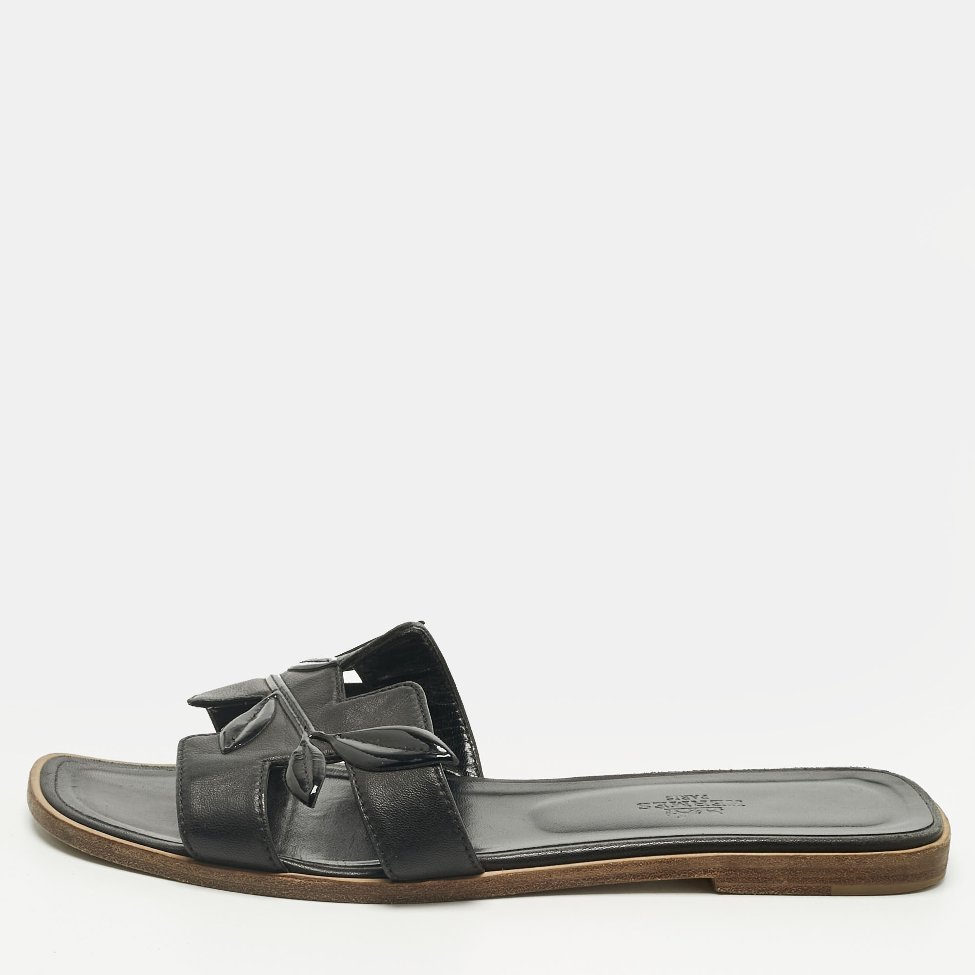 Pre-owned Hermes Black Leather Laurel Oran Flat Slide Size 39