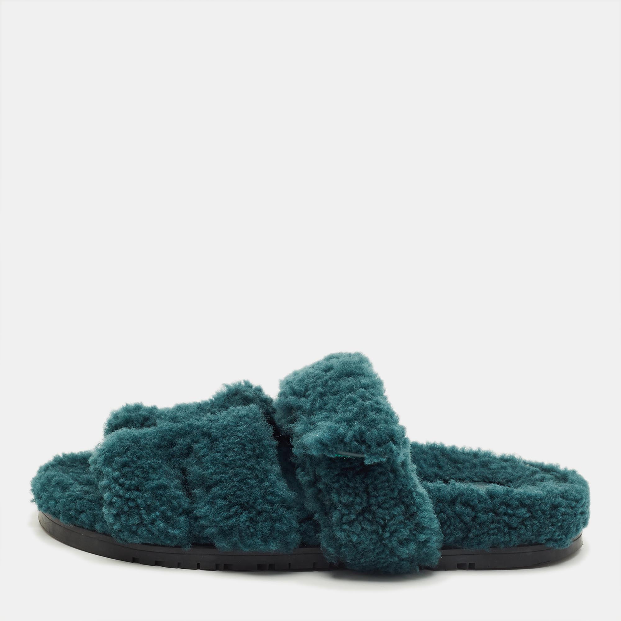 Pre-owned Hermes Hermès Teal Green Shearling Fur Chypre Flat Sandals Size 38