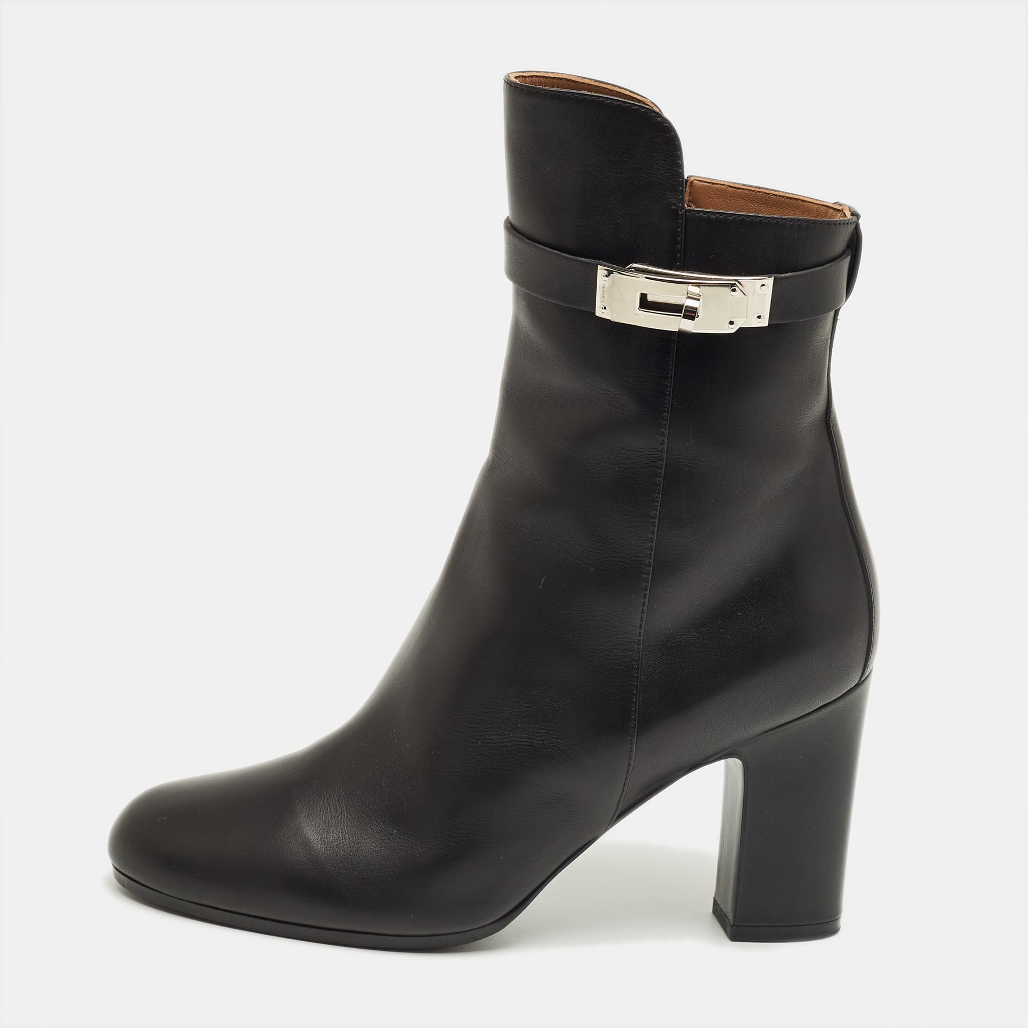 Pre-owned Hermes Black Leather Saint Germain Block Heel Ankle Boots Size 38.5