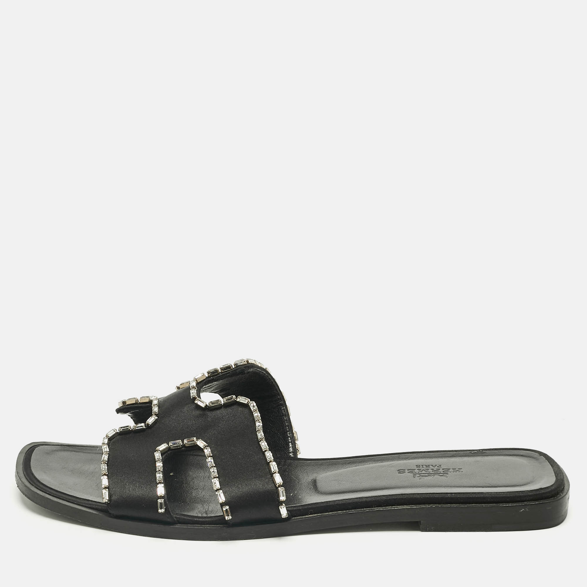 Pre-owned Hermes Black Satin Crystal Embellished Oran Flat Slides Size 39