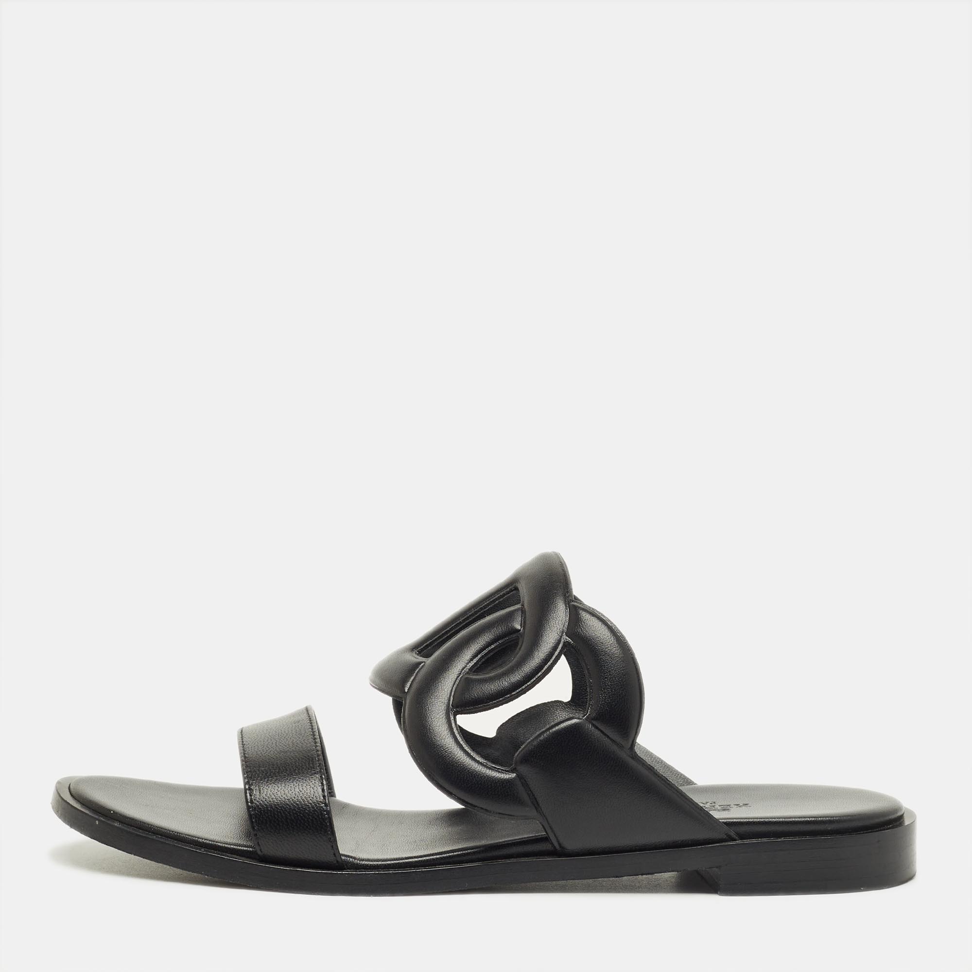 Pre-owned Hermes Black Leather Lagune Flat Slide Size 38