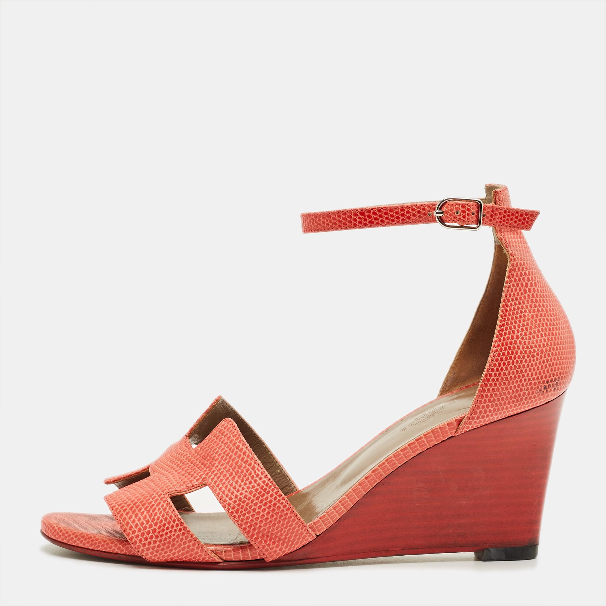 

Hermes Red Lizard Leather Legend Wedge Sandals Size