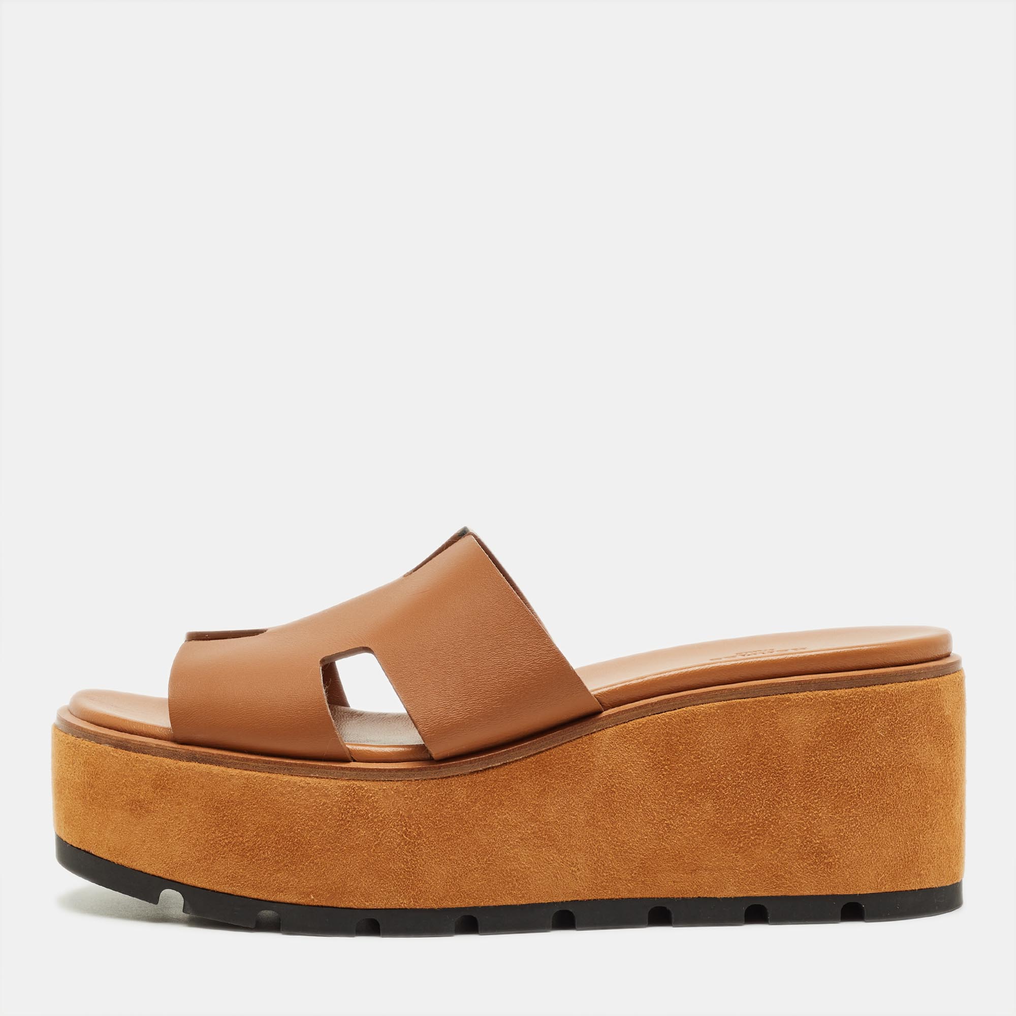 

Hermes Brown Leather Eze Platform Cork Wedge Sandals Size