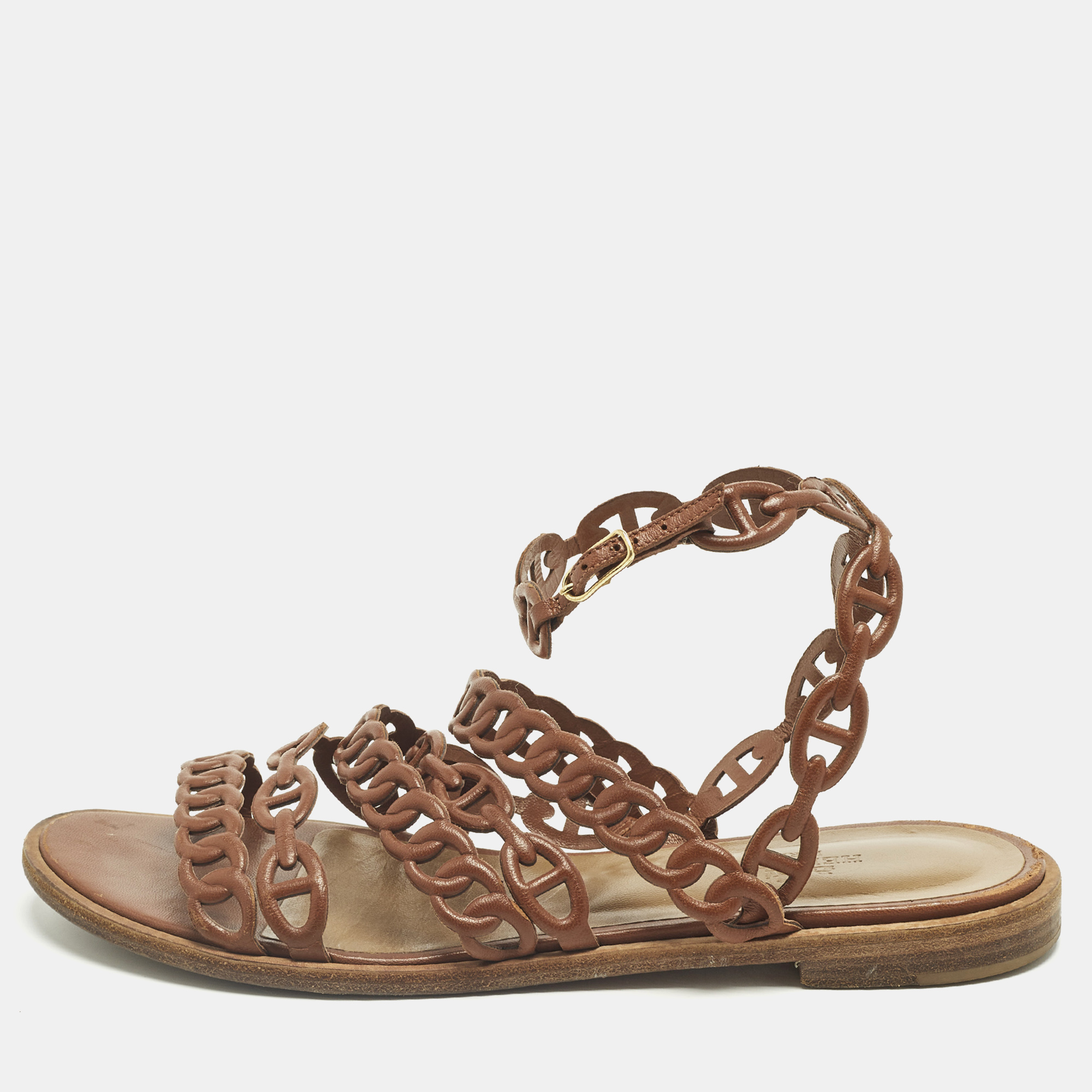 HERMES Pre-owned Kalliste Size 37 Brown Leather Ankle Strap Flats