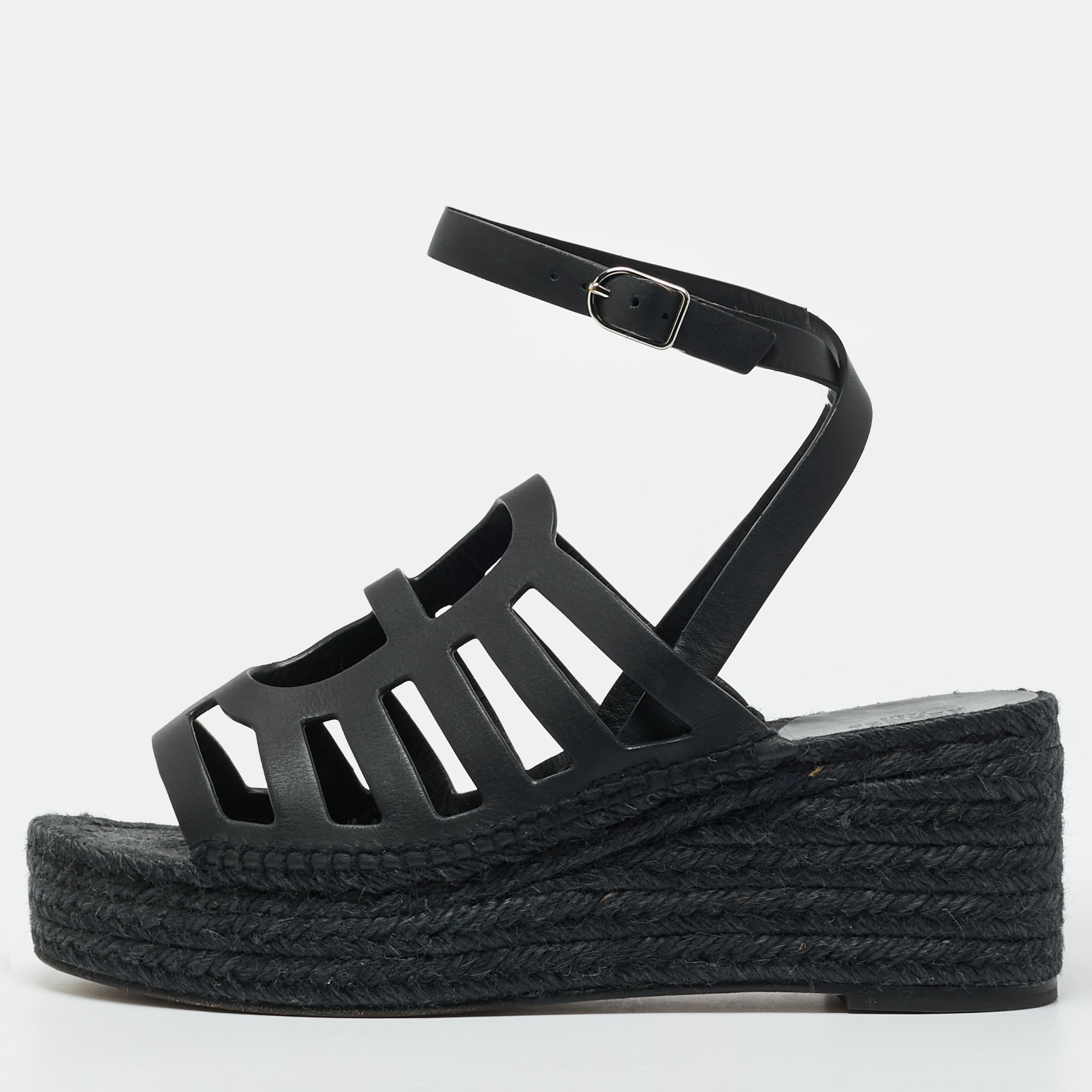 

Hermes Catalya Size  Black Leather Espadrille Wedge Ankle Strap Sandals
