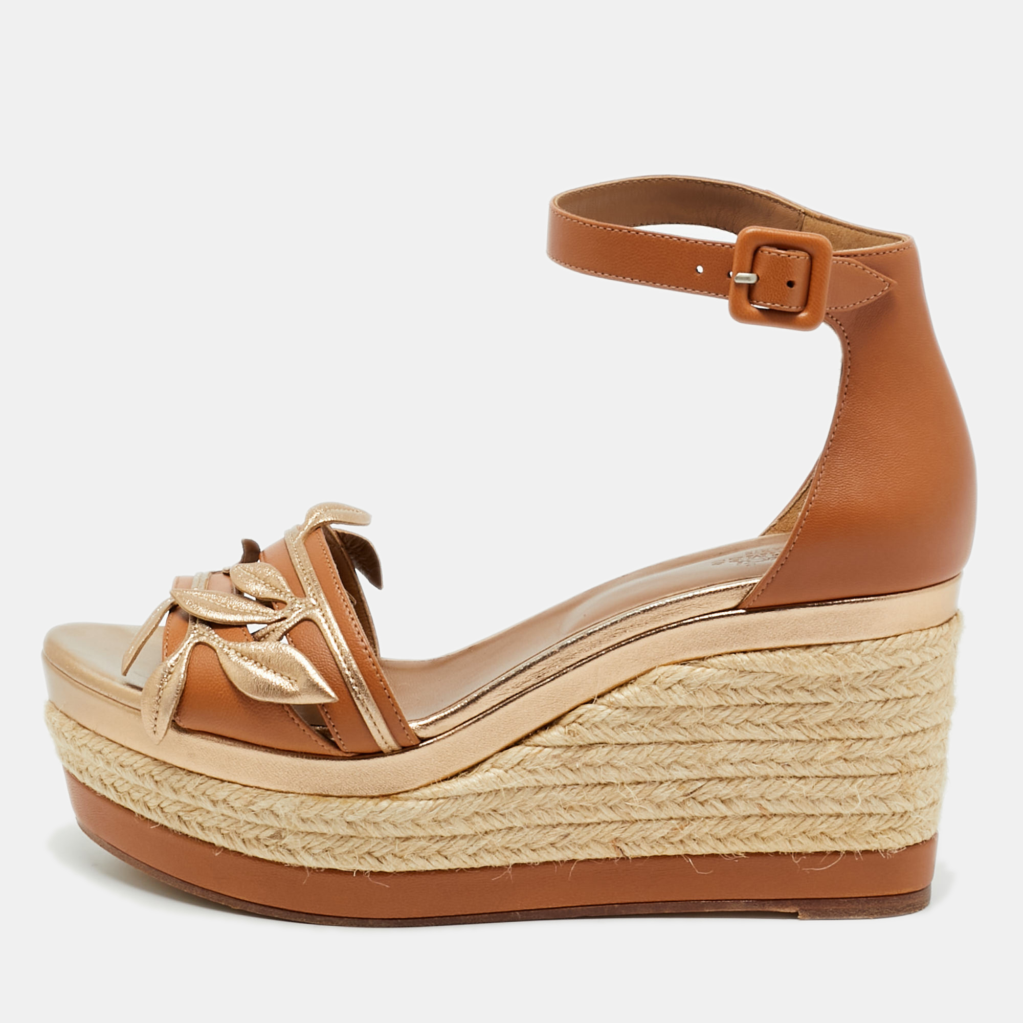 Pre-owned Hermes Hermès Mambo Size 38 Brown/metallic Leather Espadrilles Platform Wedge Sandals