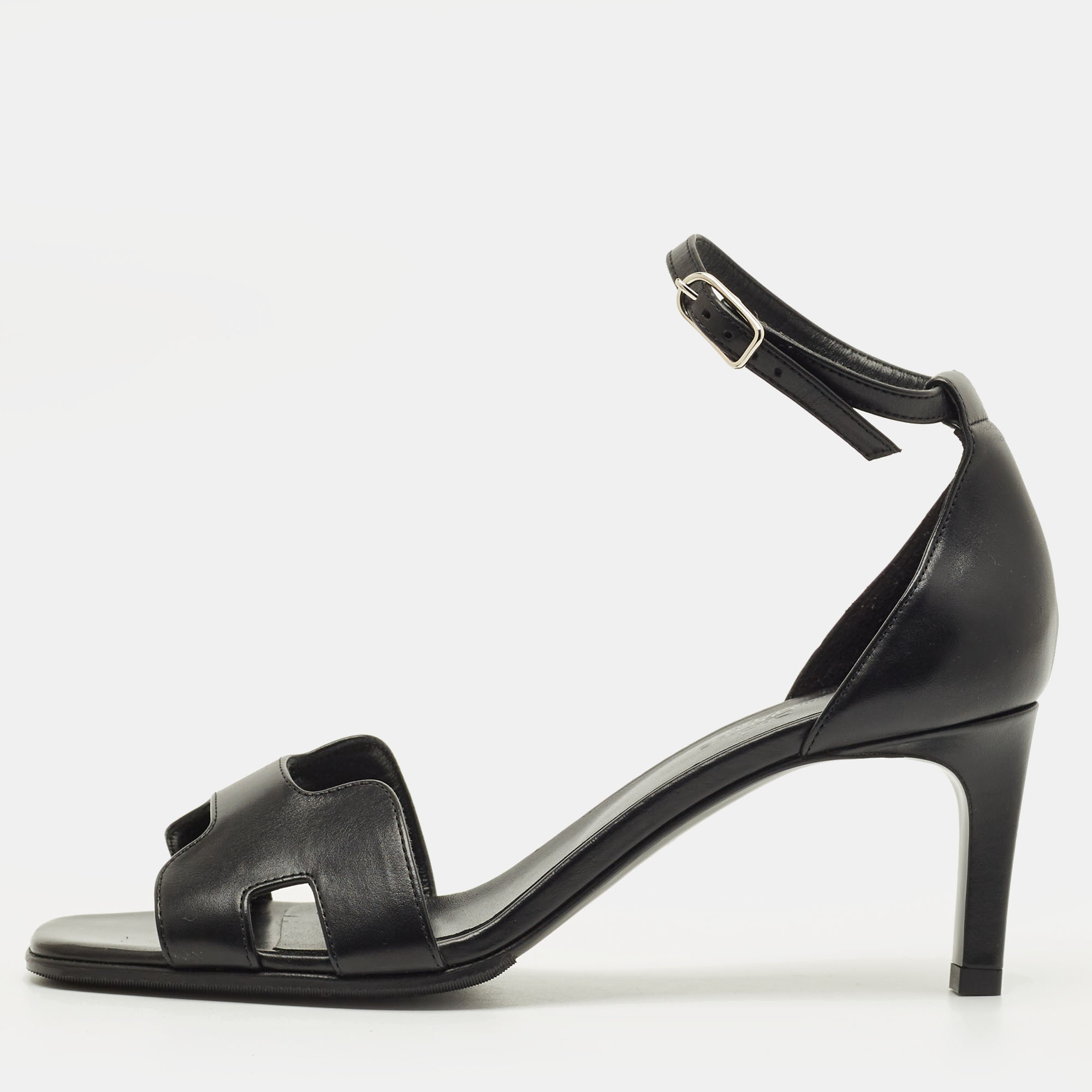 Pre-owned Hermes Hermès Premiere Size 37.5 Black Leather Ankle Strap Sandals