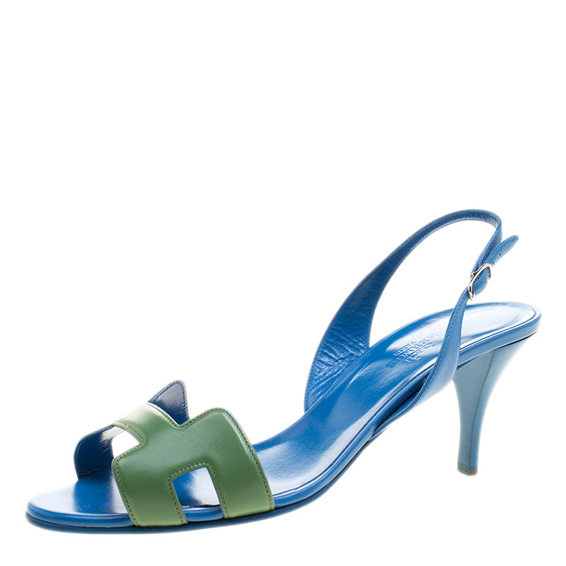 Hermes Green And Blue Leather Night Slingback Sandals Size 39 Hermes | TLC
