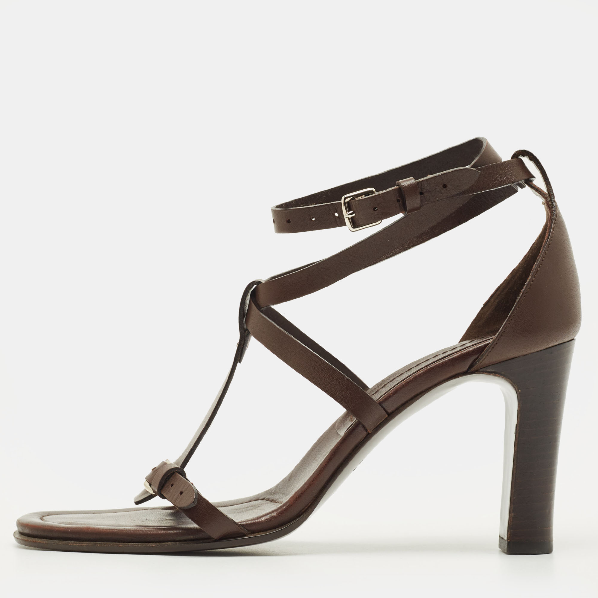 Pre-owned Hermes Hermès Size 39.5 Dark Brown Leather Ankle Strap Sandals