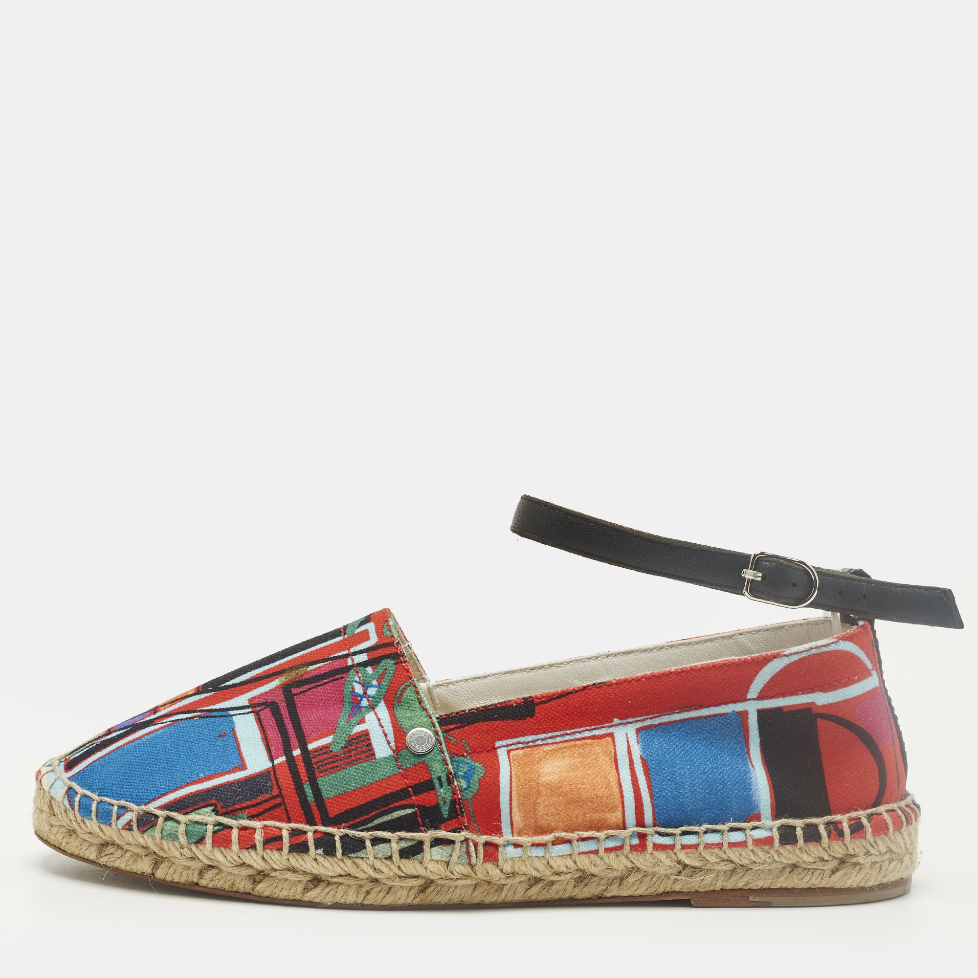 Pre-owned Hermes Size 38 Multicolor Canvas Ankle Strap Espadrille Flats