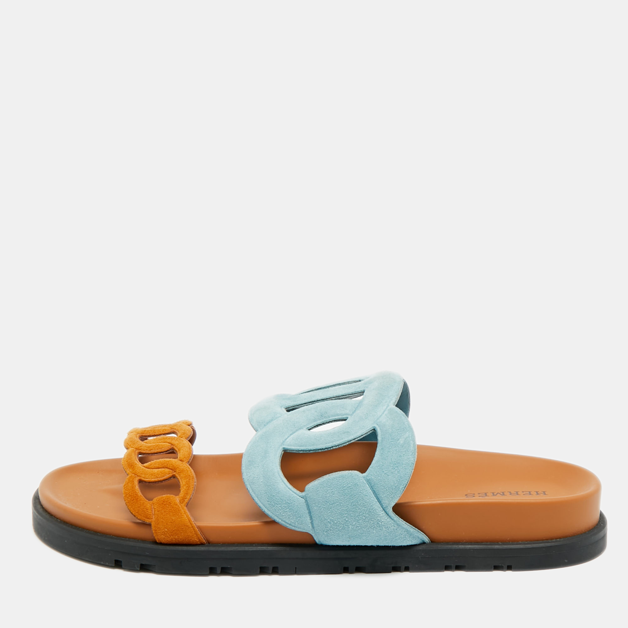 Pre-owned Hermes Extra Size 37.5 Blue Suede Slide Sandals