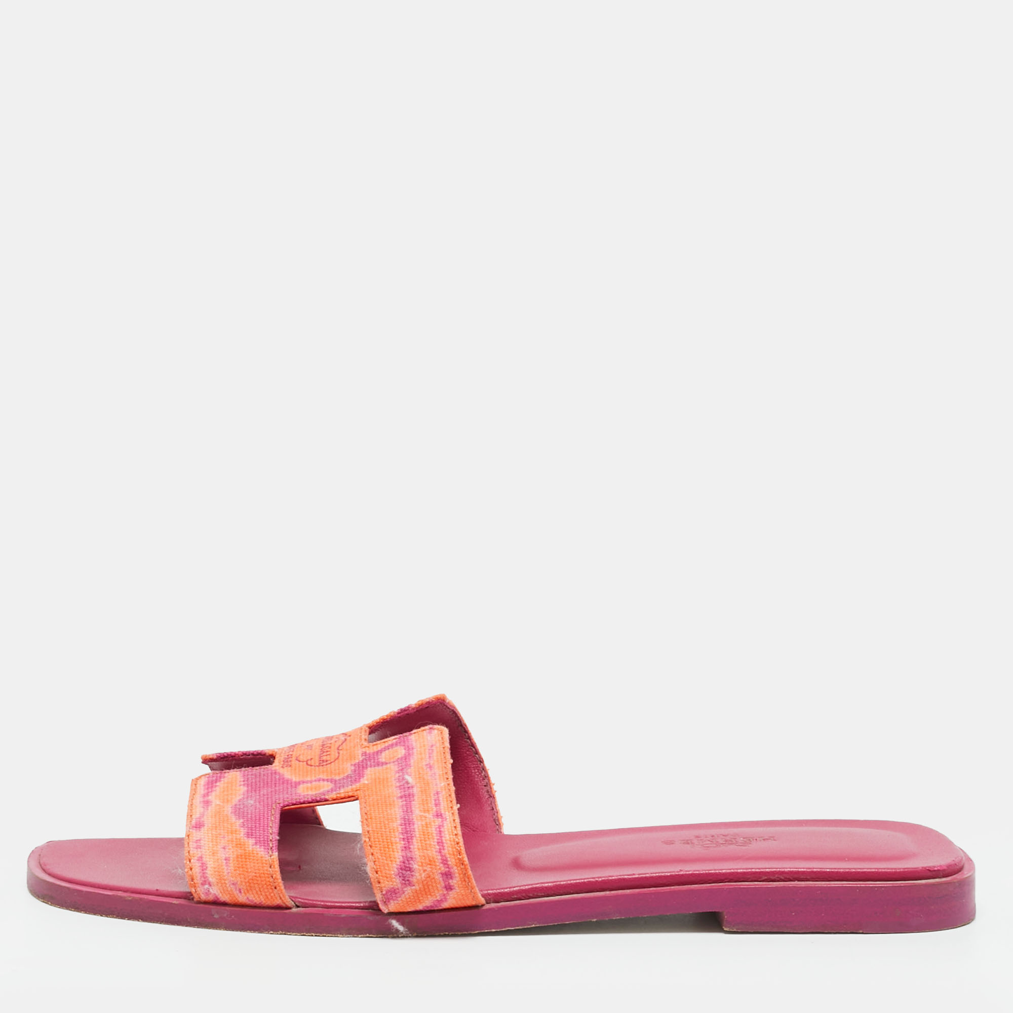 Pre-owned Hermes Oran Size 37 Orange/purple Canvas Flat Slides