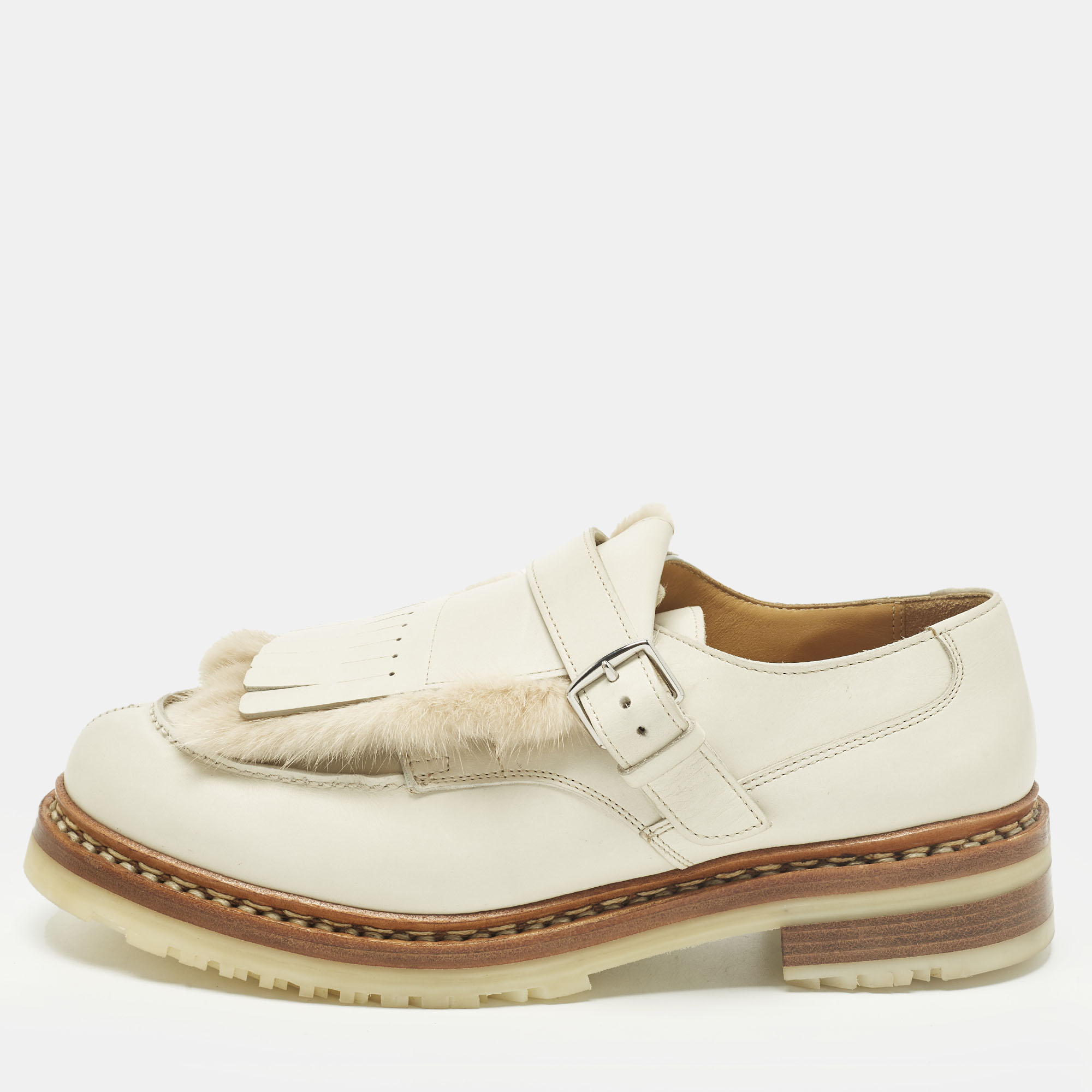 Pre-owned Hermes Size 40 Cream Leather And Mink Fur Derby In White