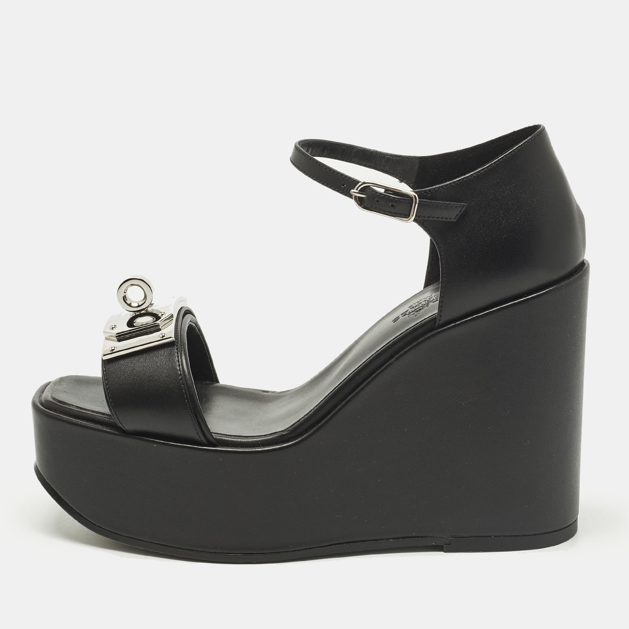 Click to view more detailed imagery on our partner's website Pre-owned Hermes Hilda 80 Size 37 Black Leather Wedge Ankle Strap Sandals