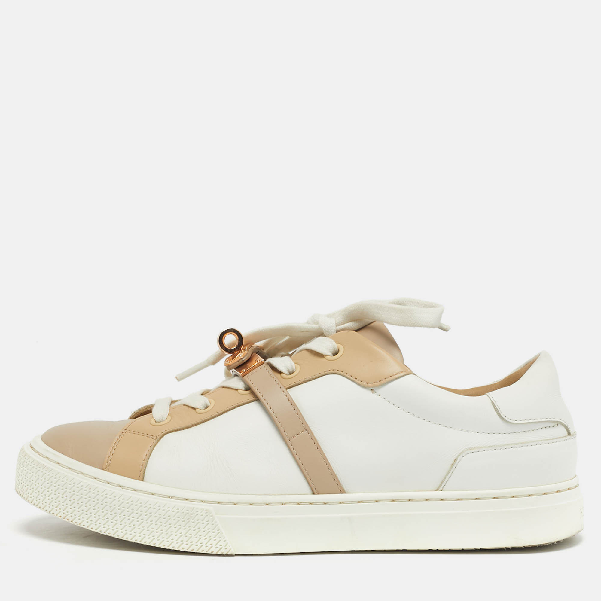 

Hermes Day Size  White/Beige Leather Lace Up Sneakers