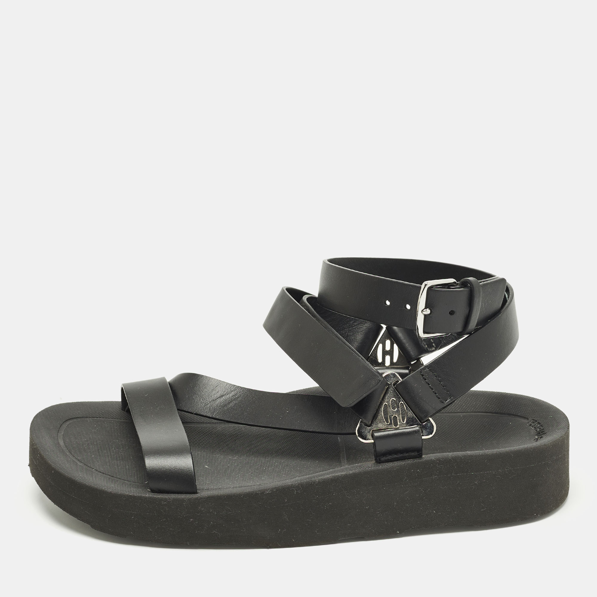 

Hermes Galaxy Size  Black Leather Wedge Sandals
