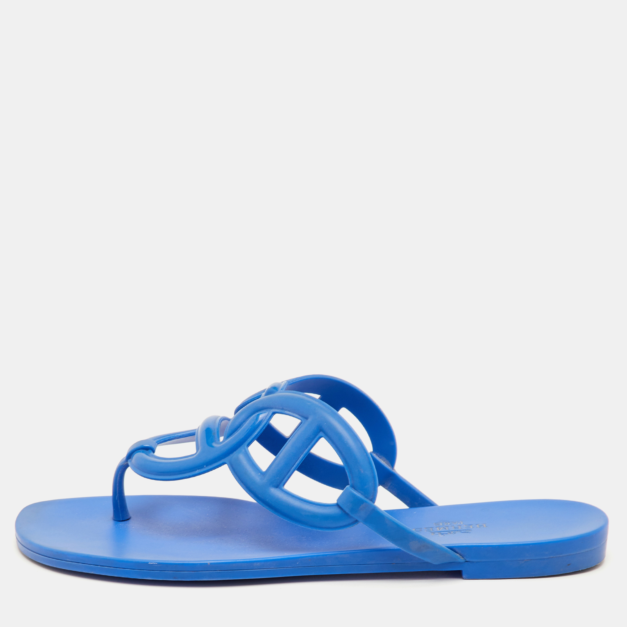 Pre-owned Hermes Hermès Egerie Size 38 Blue Rubber Thong Flat Sandals