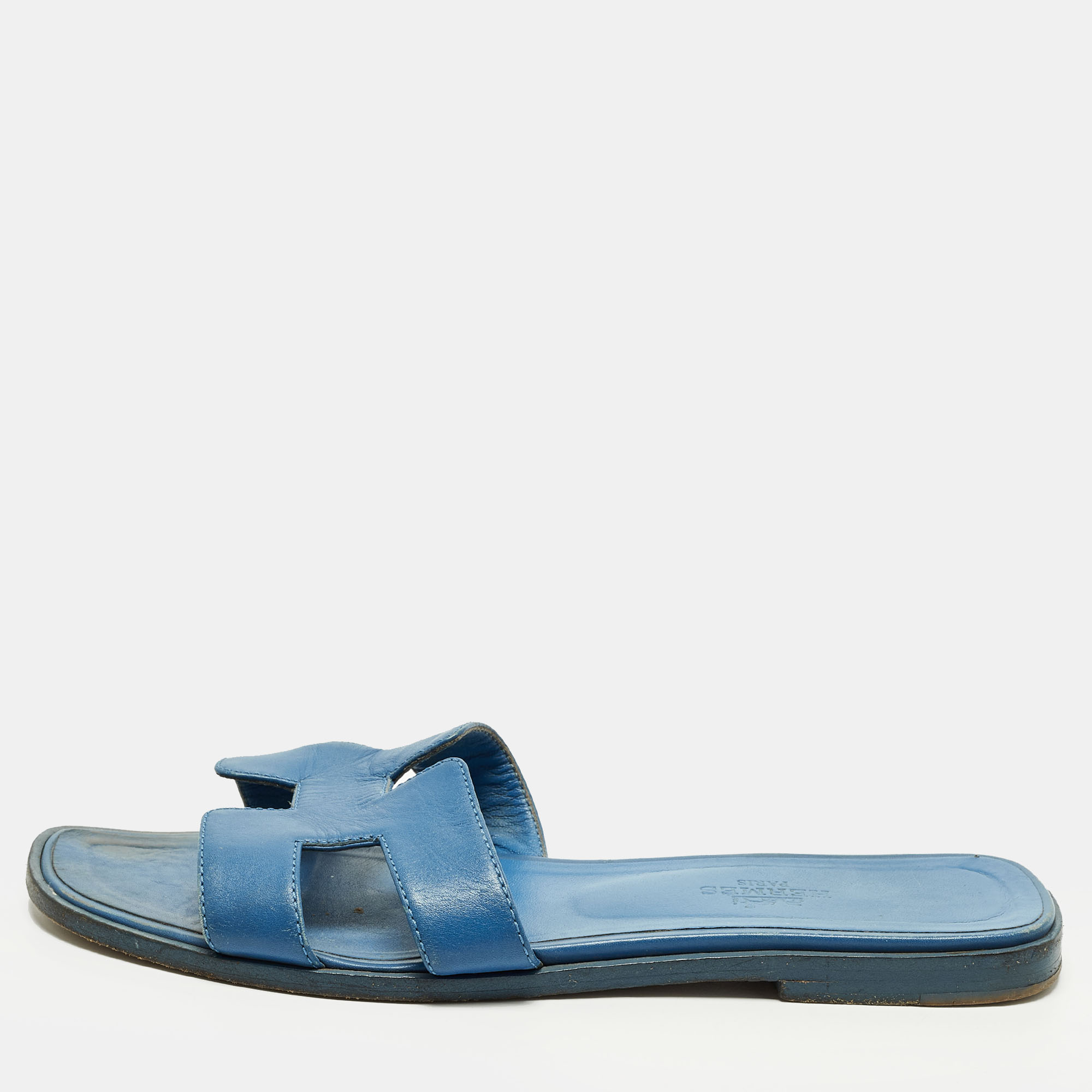 Pre-owned Hermes Oran Size 37 Blue Leather Flat Slide