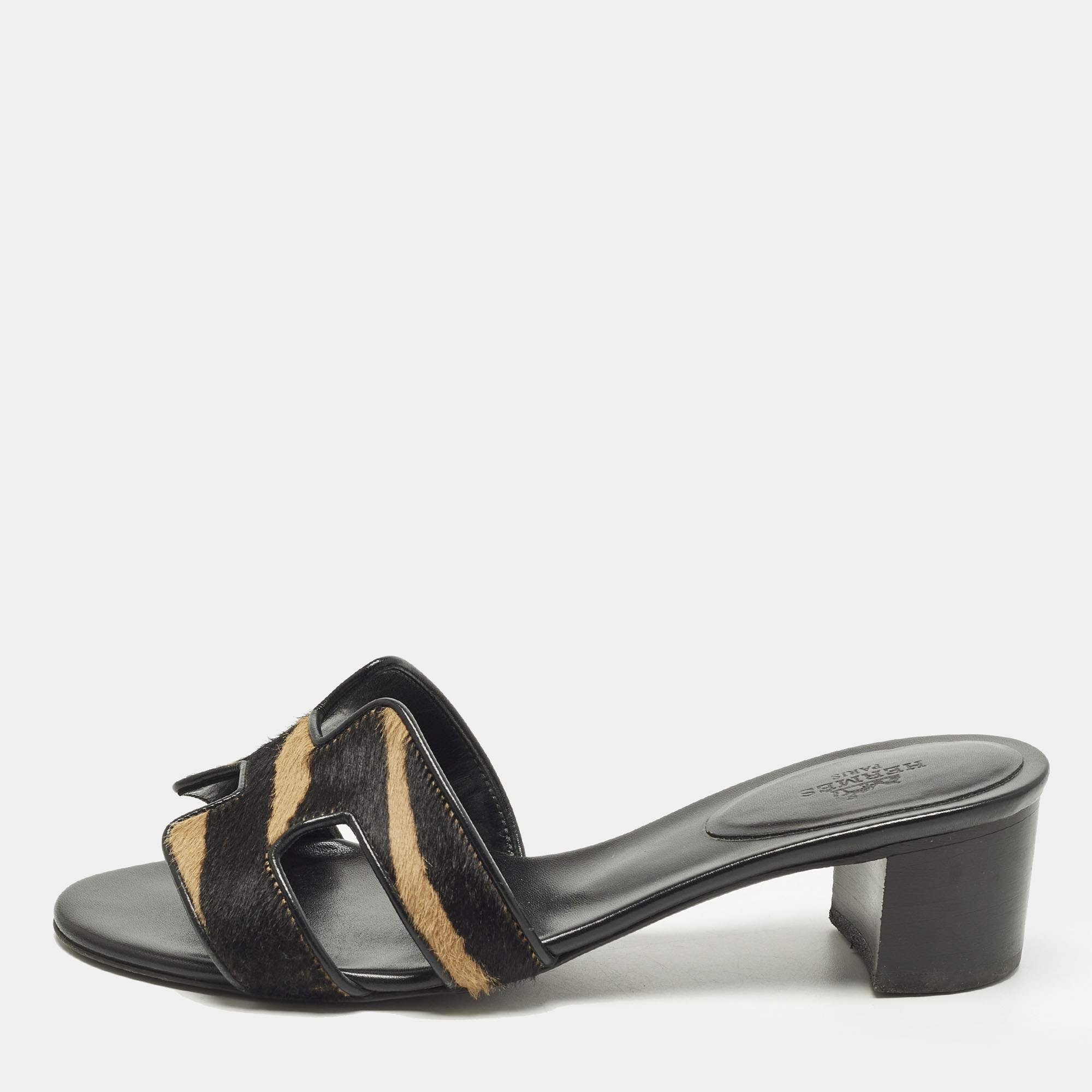 

Hermes Oasis Size  Black/Beige Calf Hair and Leather Slide Sandals