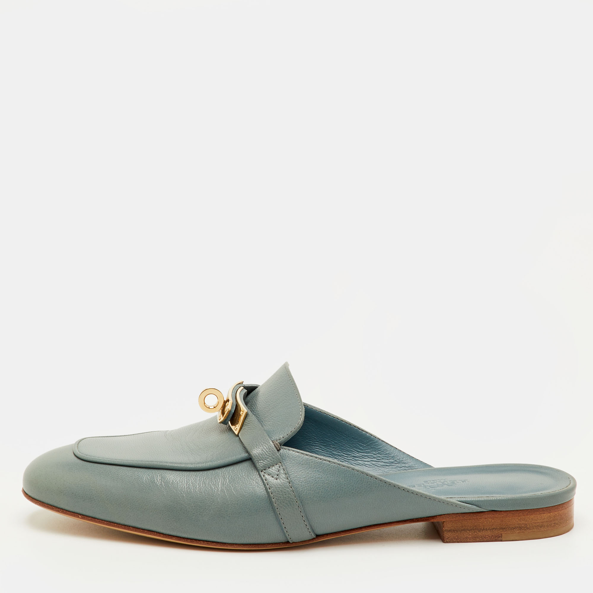 

Hermes Oz Size  Blue Leather Flat Mules