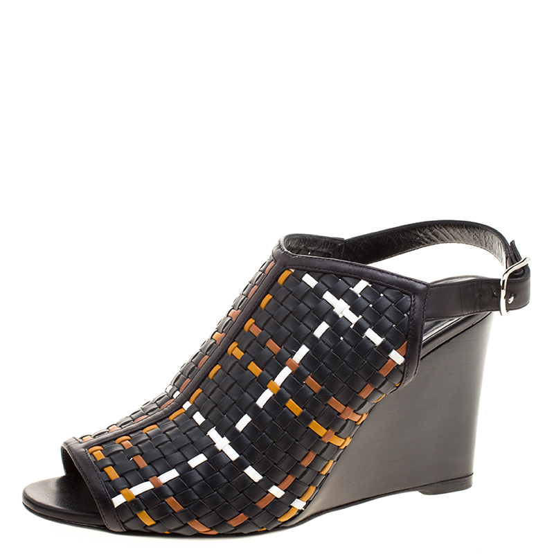 Hermes Tricolor Woven Leather Peep Toe Wedge Sandals Size 39