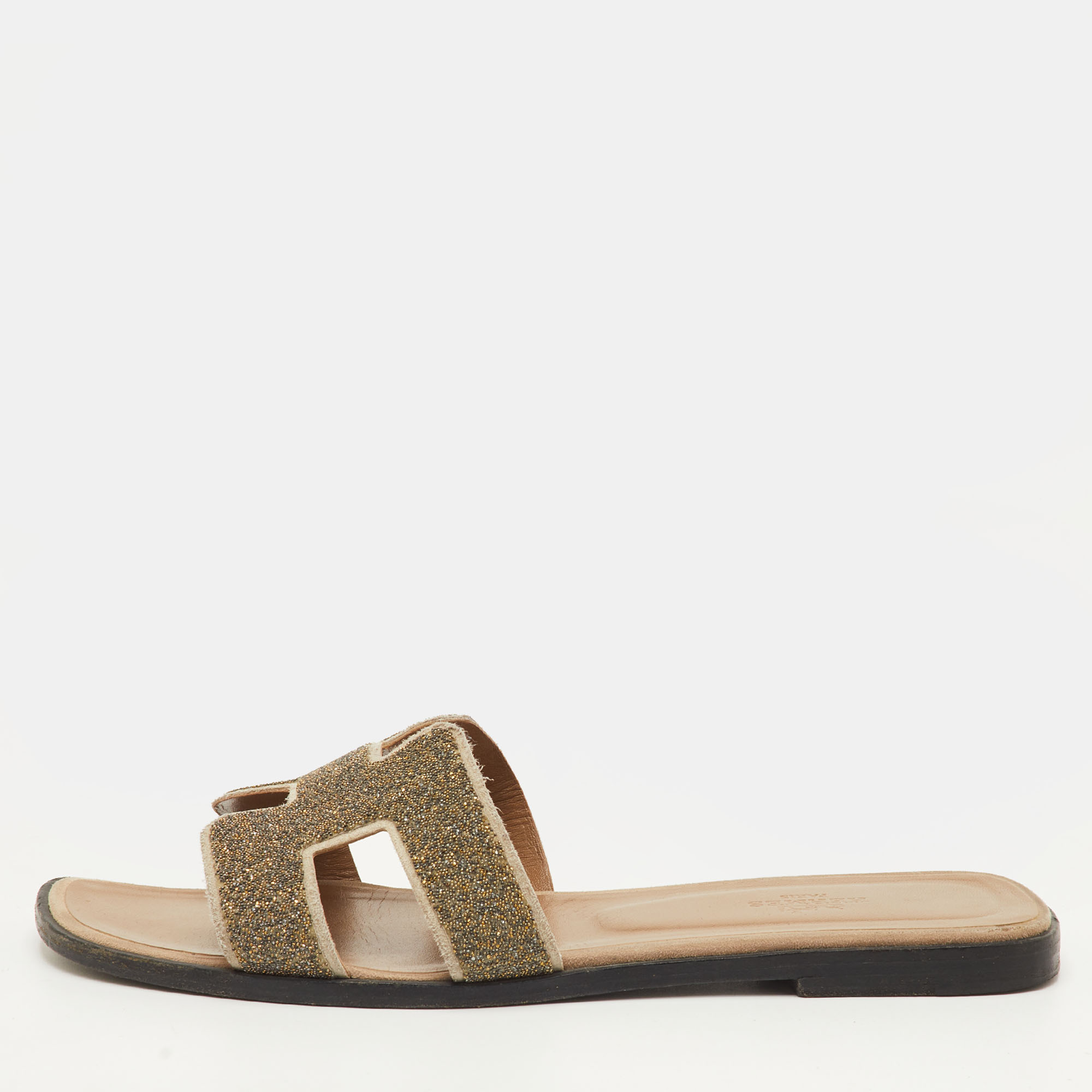 

Hermes Oran Size  Grey Glitter and Suede Flat Slide Sandals